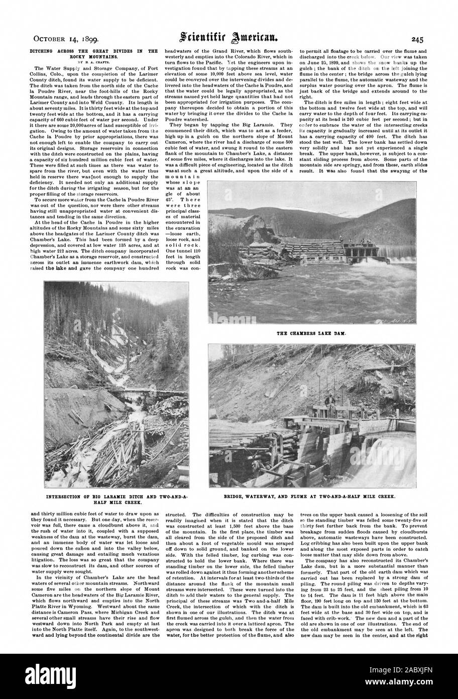 Notwasserung ÜBER DEN GROSSEN TEILT IN DEN ROCKY MOUNTAINS. Durch H. A. HANDWERK. Die KAMMERN LAKE DAM. Brücke Wasserstraße und GERINNE an zwei-und-ein-halb Mile Creek. Schnittpunkt der GROSSEN LARAMIE GRABEN UND ZWEI-UND-A. 800 Creek., Scientific American, 1899-10-14 Stockfoto