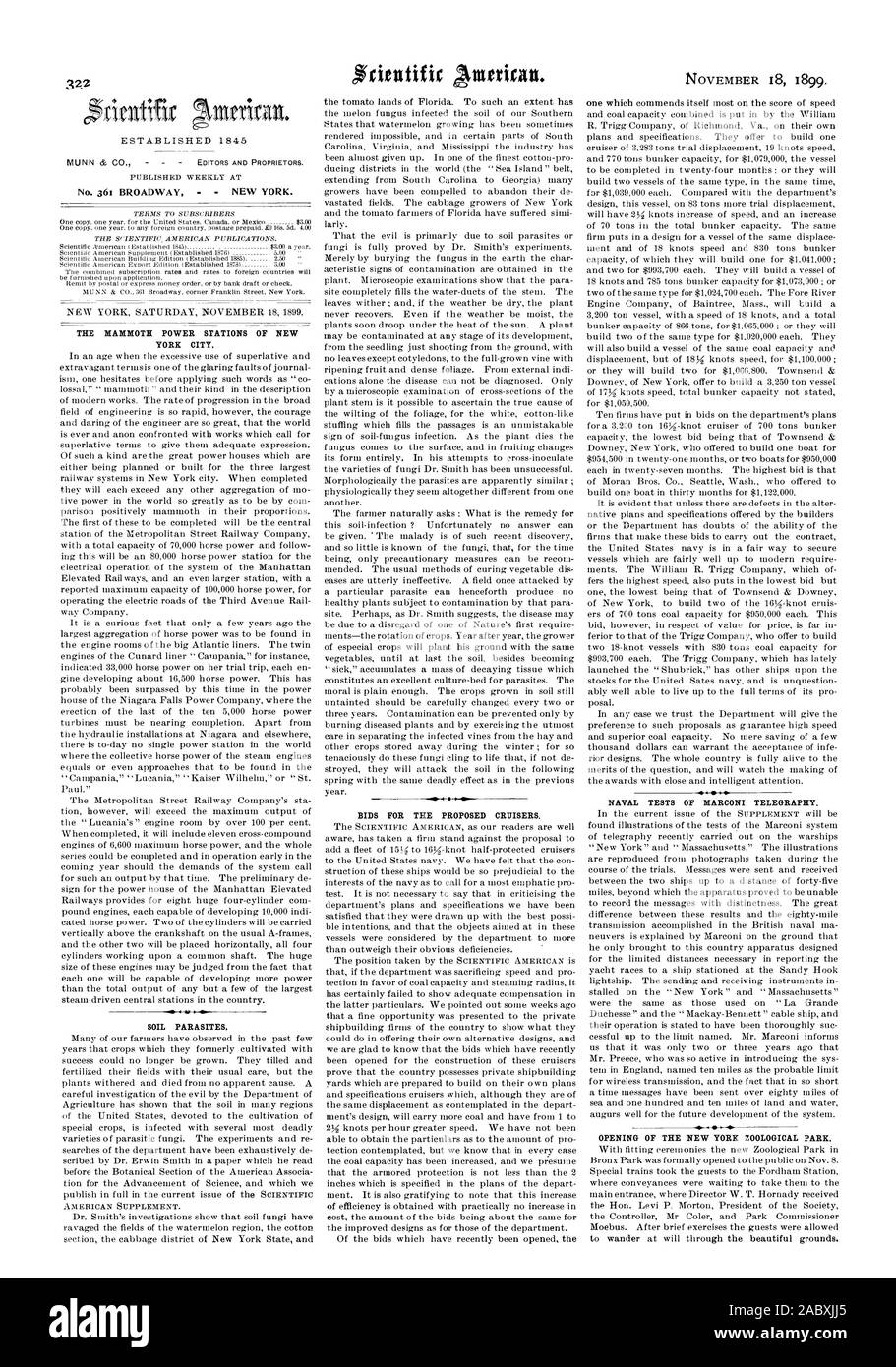 Die MAMMOTH KRAFTWERKE VON NEW YORK CITY. Boden Parasiten. Angebote FÜR DIE VORGESCHLAGENE KREUZER. NAVAL TESTS VON MARCONI TELEGRAFIE. Eröffnung DER NEW YORK ZOOLOGICAL PARK., Scientific American, 1899-11-18 Stockfoto