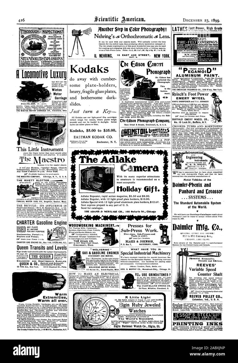 Und SCHÄDIGUNG T PERSONEN JEDER FÜR JEDEN ZWECK Bahn-stationen ries Portables Motoren und Pumpen. Queen Transite und Ebenen der Ingenieure und Zeichner liefert. .9 Instruments QUEEN & C warmen Extremitäten ganz Warm. Langlebig und effizient. REEVES' Variable Drehzahl der Vorgelegewelle REEVES RIEMENSCHEIBE CO. Columbus Ind. U. S. A., Scientific American, 1899-12-23 Stockfoto