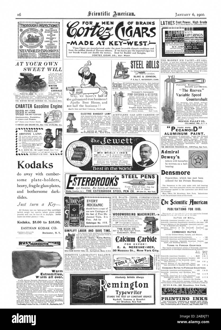 CINCINNATI. OHIO. Kalziumkarbid FÜR DEN EXPORT. E. A. NERESHEIMER 35 Nassau St. New York City. ECAMOI ALUMINIUM LACK. Admiral Deweys Densmore VERÖFFENTLICHUNGEN FÜR 1900. Preise per E-Mail. Kombinierte PREISE INS AUSLAND DRUCKFARBEN MECHANIKER Katalog Nr. 16 B. ALLE NEUEN MODELLE 4 UND 5 STAHL STIFTE STEREO & emington Schreibmaschine Leistungsstarke reaktionsschnell Langlebig und effizient. 'Variable die Reeves Drehzahl Nebenwelle REEVES RIEMENSCHEIBE CO. COLUMBUS IND" U. S. A., Scientific American, 1900-01-06 Stockfoto