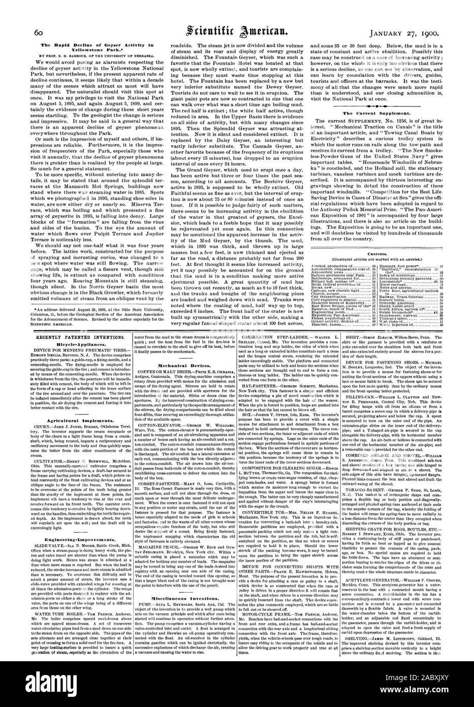 Der rasche Rückgang der Geysir im Yellowstone Park. Von PROF. E.H. BARBOUR. Von der Universität von Nebraska. SCIENTIFIC AMERICAN. Die aktuelle Ergänzung. Inhalt. Vor kurzem patentierten Erfindungen. Bicycle-Appliances. Landwirtschaftliche Geräte. Mechanische Geräte. Sonstiges Erfindungen., 1900-01-11 Stockfoto