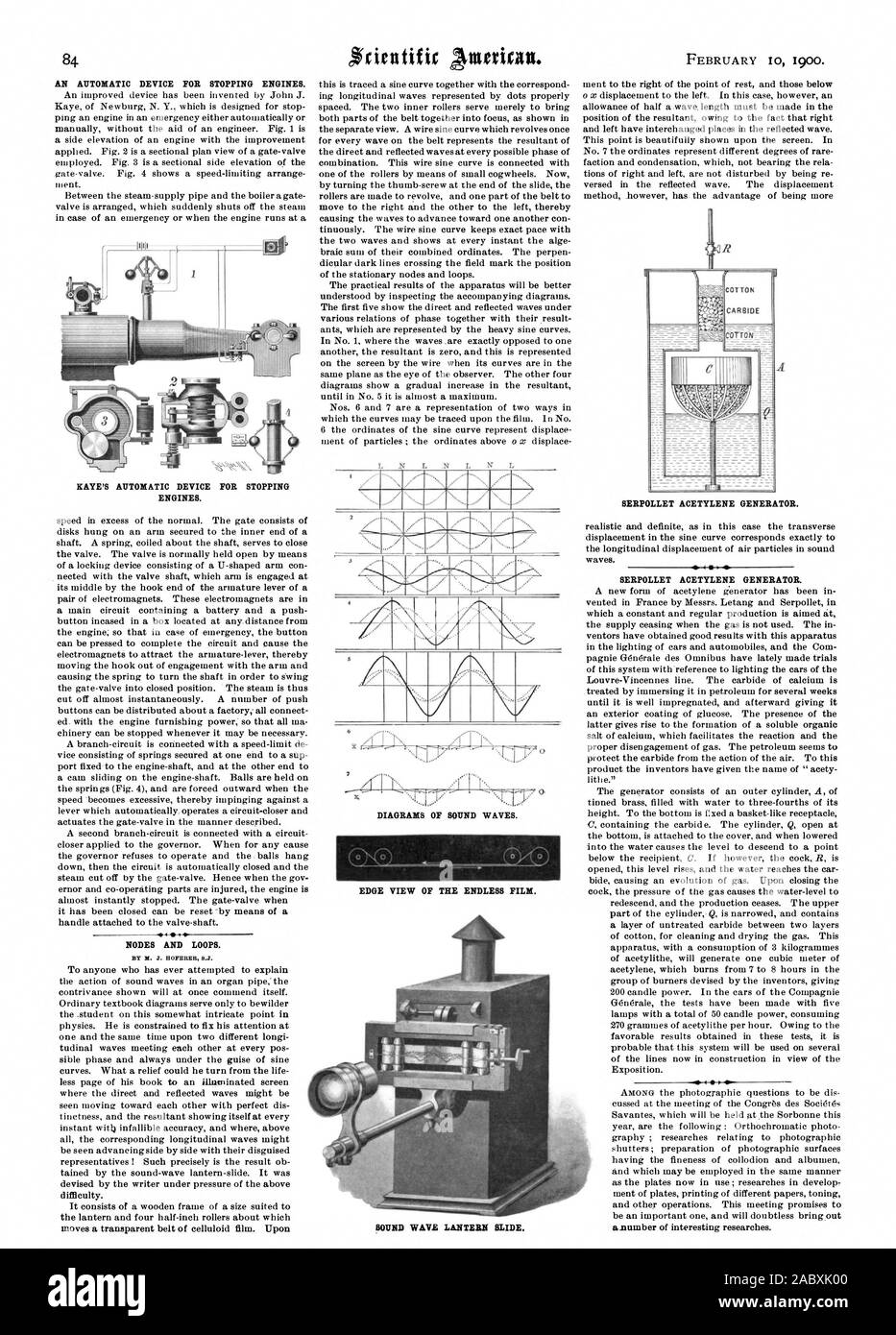 Schallwelle LATERNE FOLIE EINE AUTOMATISCHE VORRICHTUNG ZUM STOPPEN DER MOTOREN. KAYE für eine automatische Vorrichtung zum Stoppen der Motoren. Knoten und Schleifen. Ich Diagramme von Schallwellen. EDGE BLICK AUF DIE ENDLOSEN FILM. SERPOLLET ACETYLEN GENERATOR. SERPOLLET ACETYLEN GENERATOR., Scientific American, 1900-02-10 Stockfoto