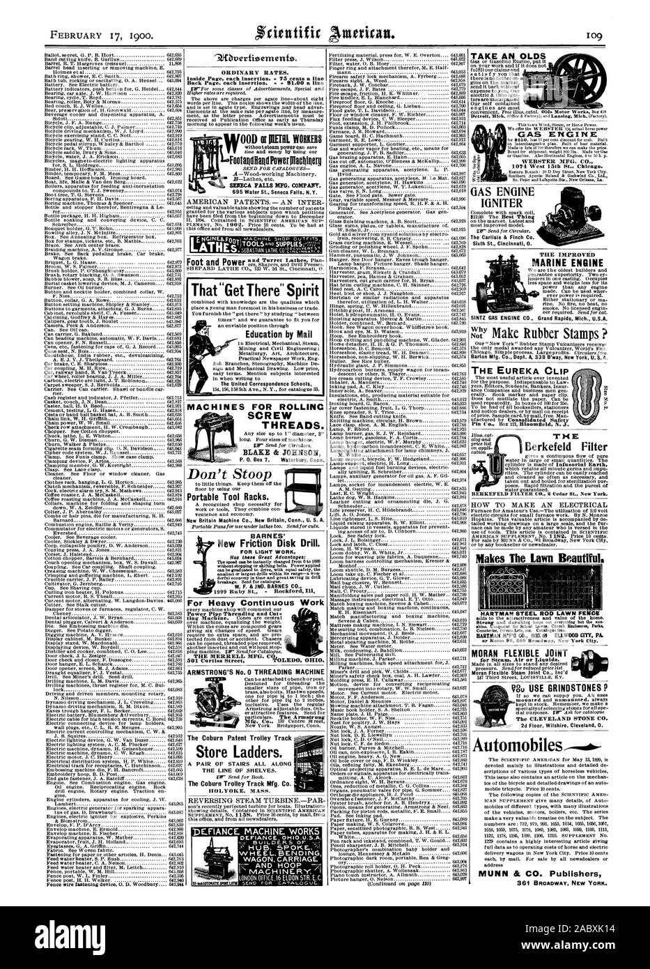 New Britain Machine Co. New Britain Anschl. U. S. A. BARNES' neue Reibscheibe Bohren. 1999 Ruby St.-Rockford Krank für Schwere kontinuierliche Arbeit der MERRELL MFG. C 501 Curtiss Straße 1 TOLED OHIO. ARMSTRONG'S Nr. 0 THREADING MASCHINE NEHMEN EINE OLDS DIE VERBESSERTE MARINE MOTOR SINTZ GAS ENGINE CO Grand Rapids Michigan USA Berkefeld Filter, WIE MAN EINE ELEKTRISCHE Macht den Rasen Schön. HARTMAN STANGE AUS STAHL RASEN FE oder Zimmer 99 809 Broadway New York City Automobile MUNN & Co Verlage 361 BROADWAY NEW YORK. Dass Anzeigen' Geist Bildung per E-Mail den Vereinigten Korrespondenz Schulen MASCHINEN FÜR ROLLEN Stockfoto
