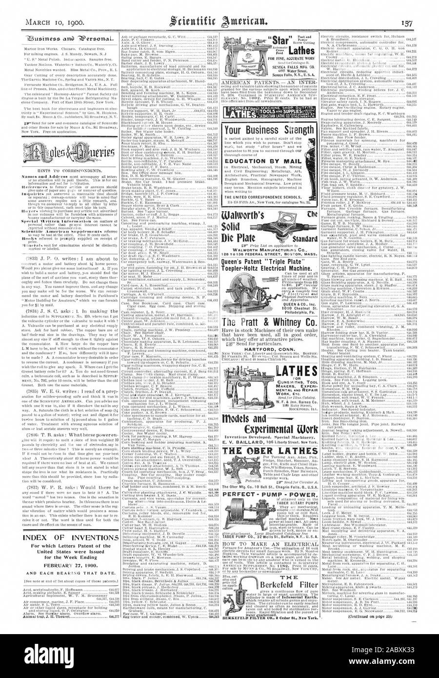 Water Street INDEX VON ERFINDUNGEN, die Ihr Geschäft Stärke Standard WALWORTH MANUFACTURING CO.Queen Patent" Triple Plate" Toepler-Holtz elektrischen Maschine. Der Pratt & Whitney Co Hartford, Conn. Drehmaschinen für BÜCHSENMACHER WERKZEUGBAUERN ERFAH tilalwortb ist solide Matrize experimentelle Arbeit die OBER DREHMASCHINEN PERFEKT - PUMPE - macht. H £ Berkefeld Filter, Scientific American, 1900-03-10 Stockfoto