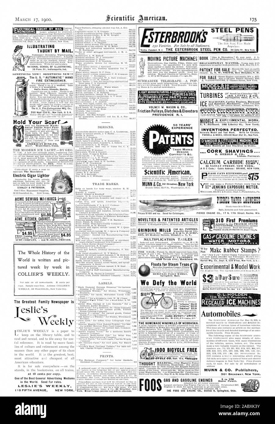 DESIGNS COPYRIGHT & G. Wissenschaftliche Jimerican. Stahl Stifte STERBRigfiliS Jak. LEFFEL & C ERFINDUNGEN PERFEKTIONIERT. Lissabon Portugal. EXPORT 35 NASSAU STREET NEW YORK. B C Code.) Kabel Adresse: BRYAX NEW YORK. Einfache zahlt Kosten und PIUS 8:1 Schwimmer für Kondensatableiter HERCULES FLOAT FUNKTIONIERT 310 Erste Prämien Neuheiten & PATENTIERTE ARTIKEL FOOS Automobile MUNN & Co Verlag See Modelle einer Maschine zu bestellen. Mühlen, die wir die Welt 50 $ 'Oakwood' $ 21,50 Die hausgemachten Windmühlen von Nebraska trotzen. 1900 FAHRRAD KOSTENLOS GAS 0° BENZINMOTOREN WASSER MOTOR D. L. 1-101 DE. N aDaySure York. Äther ausländischen Stockfoto