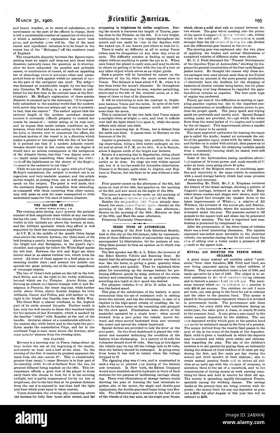 Der Himmel im April. Drei Arten von Automobilen. Gegenseitige Hilfe GESELLSCHAFTEN FÜR FRANZÖSISCHE SCHULE KINDER., Scientific American, 1900-03-31 Stockfoto