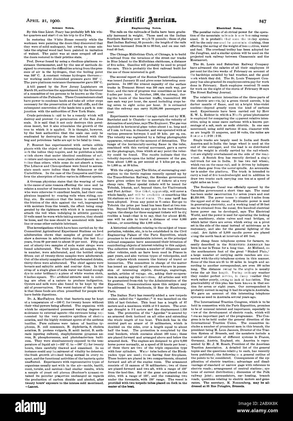 Wissenschaft Notizen. - Lancet. Engineering Notes. Mit zwei torpedorohre auf Deck in der Mitte des Bootes gelegt. Elektrische Noten. Bei 85 Rue Potagtire Brüssel gekleidet., Scientific American, 1900-04-21 Stockfoto