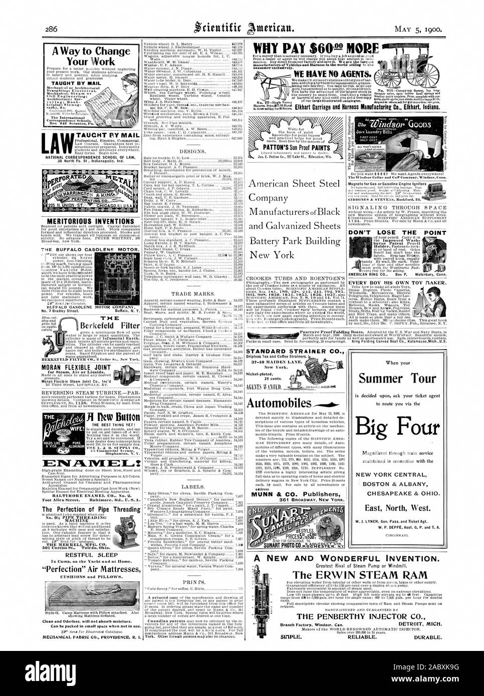 Langlebig. Verdienstvollen ERFINDUNGEN DER BÜFFEL CASOLENR MOTOR. CHICAGO. ILLUS A. in einer Weise zu verändern, Ihre Arbeit unterrichtet DURCH MAIL TAUCHT PER MAIL BALTIMORE EMAILLE CO.Nr. 2 Fuß Allen Street Baltimore MD. U. S.A. die Vollkommenheit der Rohr Gewinde MASCHINE STANDARD SIEB CO" Dripless Kaffee und Tee Siebe. 37-40 Maiden Lane New York. Vernickelt AGENTEN EIN ND. Automobile MOTOR COMPANY Buffal N.Y. Magneto für Gas oder Benzin Motor Zünder NICHT DEN PUNKT Sommer Tour Big Four NEW YORK CENTRAL CHESAPEAKE & OHIO VERLIEREN. East North West., Scientific American, 1900-05-05 Stockfoto
