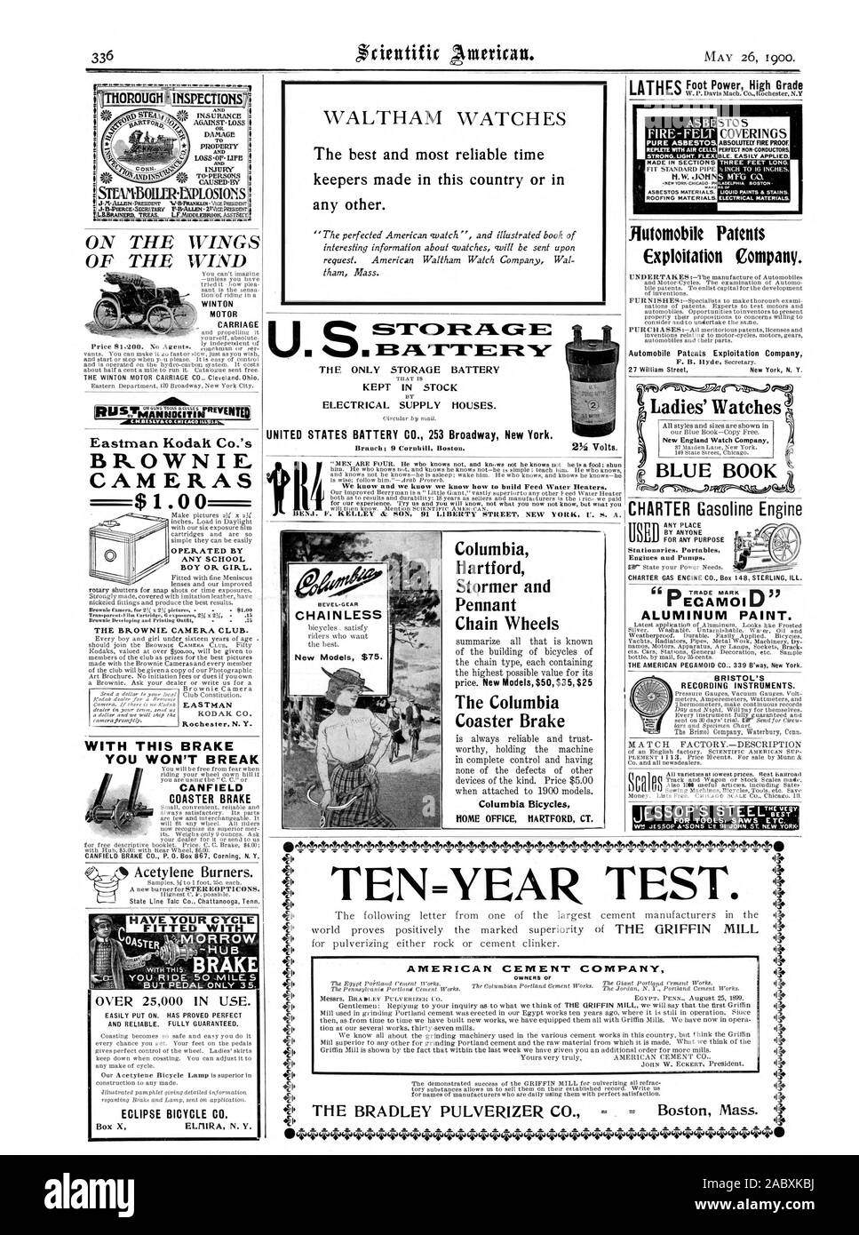 WALTHAM Uhren die besten und zuverlässigsten Zeitnehmern in diesem Land oder in einem anderen hergestellt. Lagerung DIE LAGERUNG DER BATTERIE AUF LAGER GEHALTEN STROMVERSORGUNG HÄUSER. UNITED STATES BATTERIE CO 253 Broadway New York. Niederlassung; 9 Corubill Boston. Kette weniger neue Modelle $ 75. Columbia Hartford Stormer und Wimpel Kettenräder der Columbia Rücktrittbremse° grobe Inspektionen oder T STE430. TXPLOSIONS AUF DEN FLÜGELN DES WINDES WINTON MOTOR CARRIAGE Eastman Kodak Co. BROWNIE KAMERAS - $ 1,00 Die BROWNIES. Kamera CLUB. EASTMAN HABEN IHREN ZYKLUS mit über 25000 IM EINSATZ. ECLIPSE FAHRRAD CO.X ELIIIRA N.Y Stockfoto