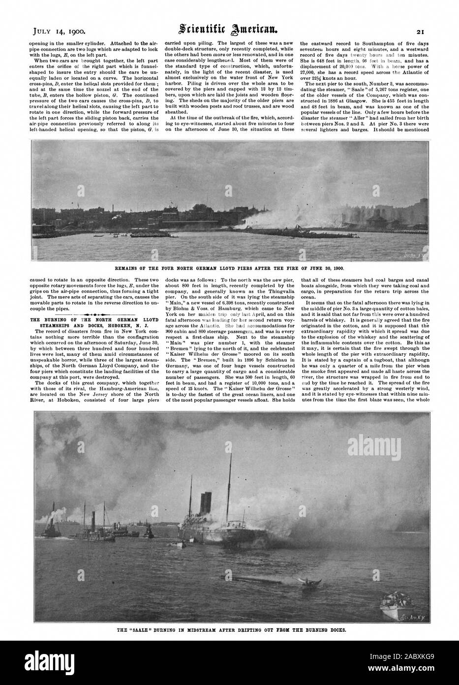 Bleibt DER VIER NORDDEUTSCHEN LLOYD PIERS NACH DEM BRAND VOM 30. JUNI 1900. Die Verbrennung des Norddeutschen Lloyd, Scientific American, 1900-07-14 Stockfoto