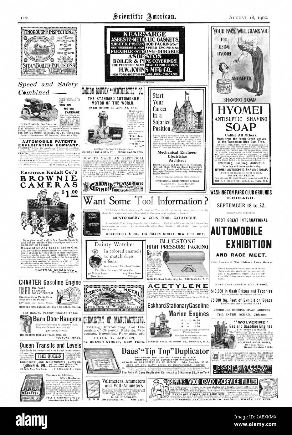 1010 Chestnut St. Phila. Zierliche Uhren BLUESTONE DRUCK VERPACKUNG Luft. Acetylen EckhardStationaryGasoline Schiffsmotoren. S. 9150 4'250 ERSTE GROSSE Internationale Automobil Ausstellung und Rennen treffen. Die meisten interessanten Ausstellung. 75000 Sq. Füße Ausstellungsfläche 'WOLVERINE' Gas und Benzin Motoren WOLVERINE MOTOR WORKS Grand Rapids unerlaubt. Testen der Einführung und Dis posing von chemischen Patente pro zessen Neuheiten Formeln etc. Peter T. AUSTEN MONTGOMERY & CO.WZ-Katalog. Es MONTGOMERY CO. 105 FULTON STREET NEW YORK CITY. Daus'' Tip Top'Duplicator 62-66 ILLINOIS ST CHICAGO Stockfoto