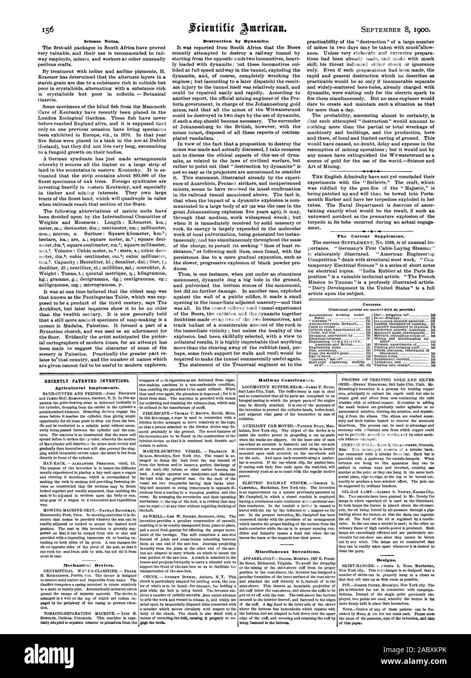 Wissenschaft Notizen. Zerstörung von Dynamit. Die aktuelle Ergänzung. Vor kurzem patentierten Erfindungen. Landwirtschaftliche Geräte. Mechanische Geräte. Flur Vorrichtungen. Sonstiges Erfindungen. Designs., Scientific American, 1900-09-11 Stockfoto