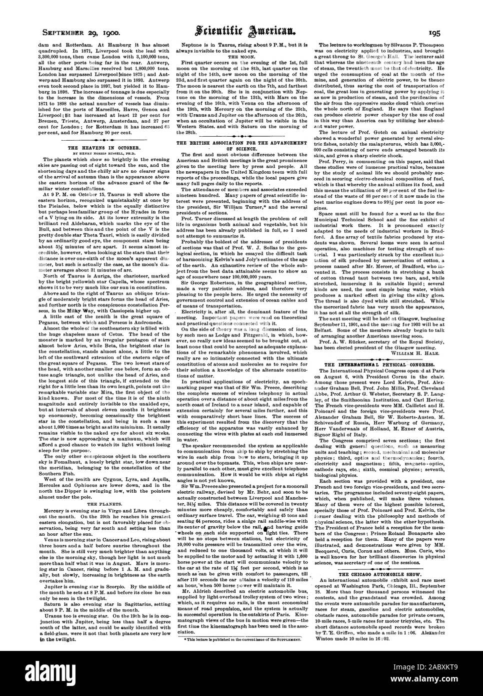 Der Himmel im Oktober. Die "BRITISCHE VEREINIGUNG ZUR FÖRDERUNG DER WISSENSCHAFT. Die internationale physische Kongress. Die CHICAGO AUTO SHOW., Scientific American, 1900-09-29 Stockfoto