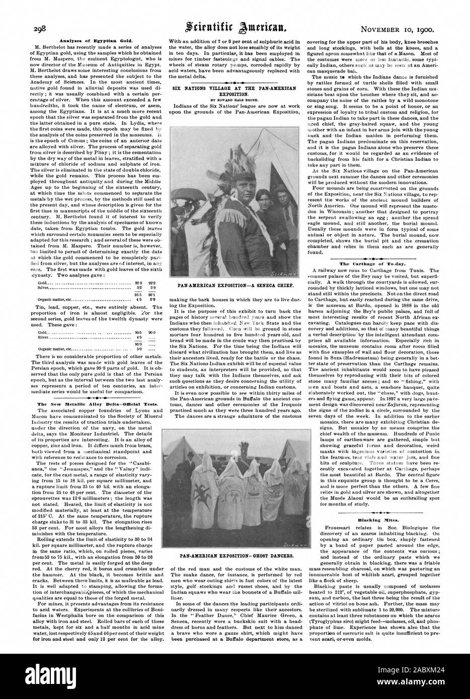 Analysen der Ägyptischen Gold. Der neue metallische Legierung Delta-offiziellen Tests. Sechs Nationen Dorf an der Pan American Exposition. Von EDWARD HALE 13 RCTSH. Die karthago von heute. Brünieren Milben., Scientific American, 1900-11-10 Stockfoto
