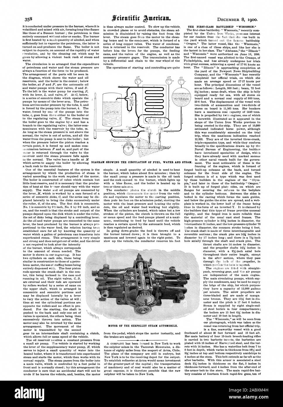 MOTOR DER SERPOLLET DAMPF AUTOMOBIL. Die ERSTE KLASSE SCHLACHTSCHIFF "WISCONSIN." Grafik, die den Umlauf von Kraftstoff Wasser und Dampf., Scientific American, 1900-12-08 Stockfoto