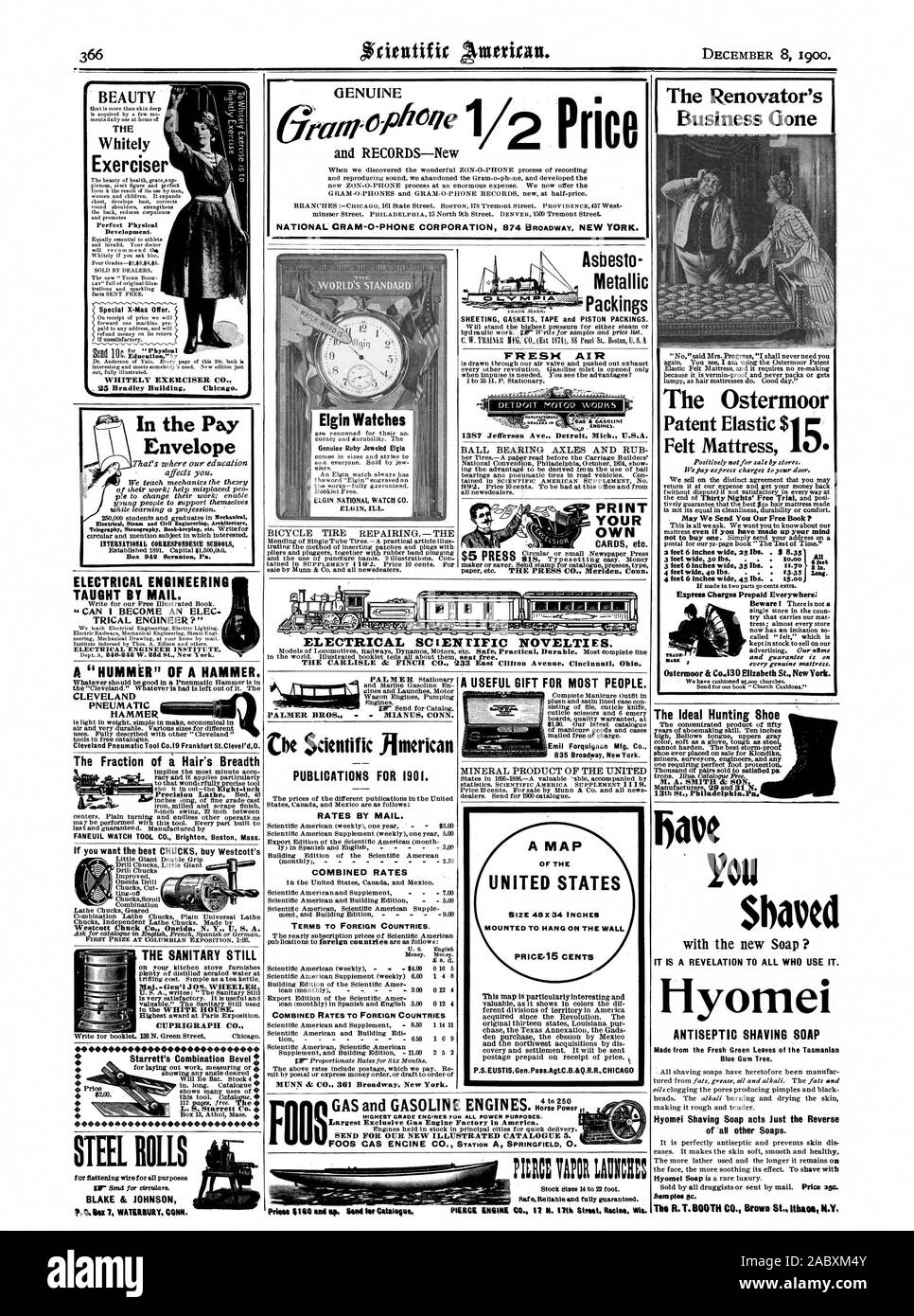 Echte Matratze. Ostermoor & Co. Ich 30 Elizabeth St. New York. Schönheit der Whitely Exerciser perfekte körperliche Entwicklung. X-Mas Special anbieten. WHITELY EXERCISER CO ELEKTROTECHNIK gelehrt, PER E-MAIL. "Kann ICH EIN ELEC ELEKTRISCHE INGENIEUR GEWORDEN?' ELEKTROTECHNIKER INSTITUT DIE SANITÄREN NOCH CUPRIGRAPH CO Pries E140 ant sp. Sul Ter Catalopu ELEKTRISCHE SC LEN riFic Neuheiten. Die Carlisle & FINCH CO 233 Osten Clifton Avenue Cincinnati Ohio. GAS- UND OTTOMOTOREN? MCI DAMPF LIRE. Leistung und Aufzeichnungen - Neue nationale CRAM-O-PHONE CORPORATION 874 BROADWAY NEW YORK., Scientific American, 1900 - Stockfoto