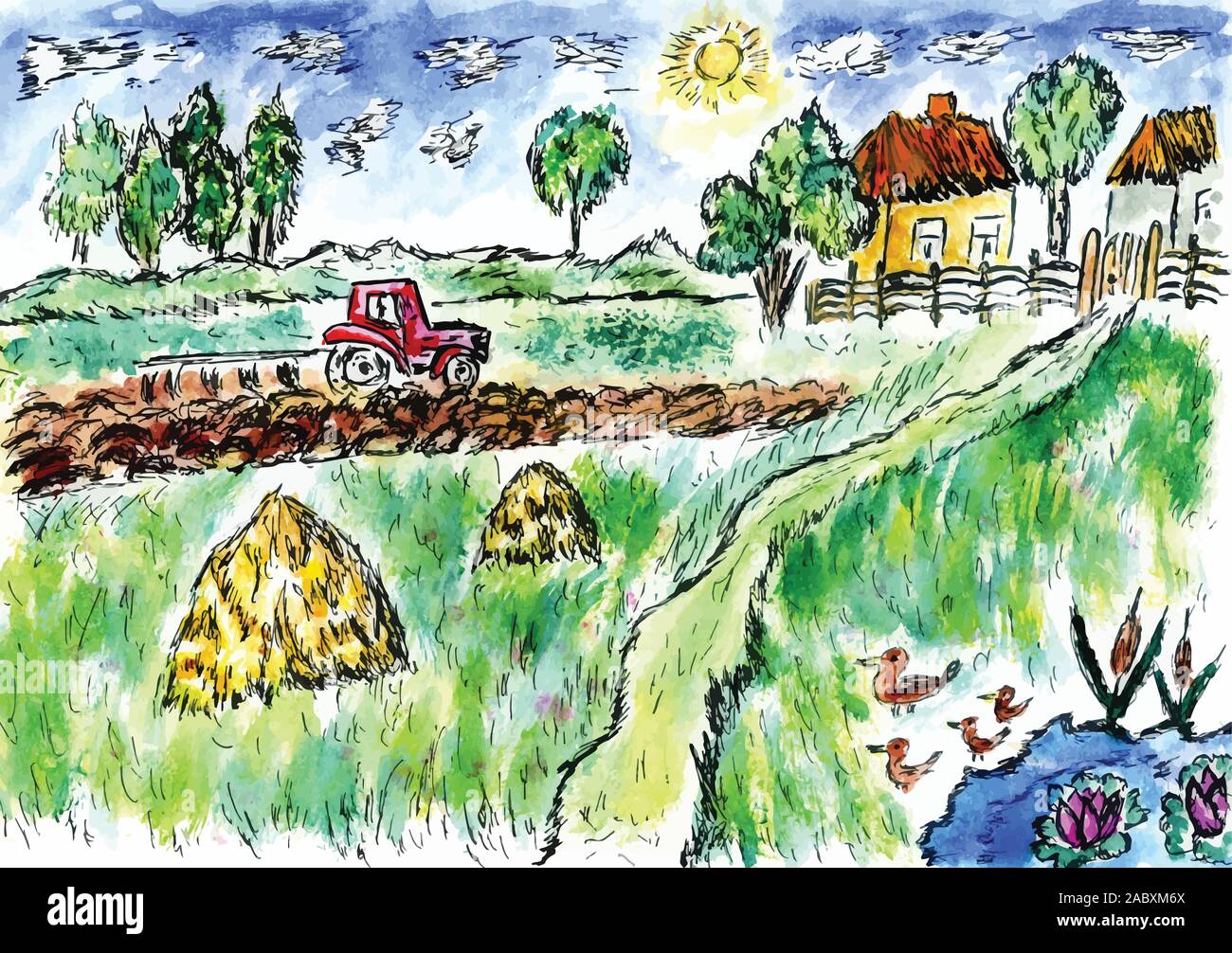 Einfache Aquarell gemalt Skizze der Landschaft Landschaft. Stock Vektor