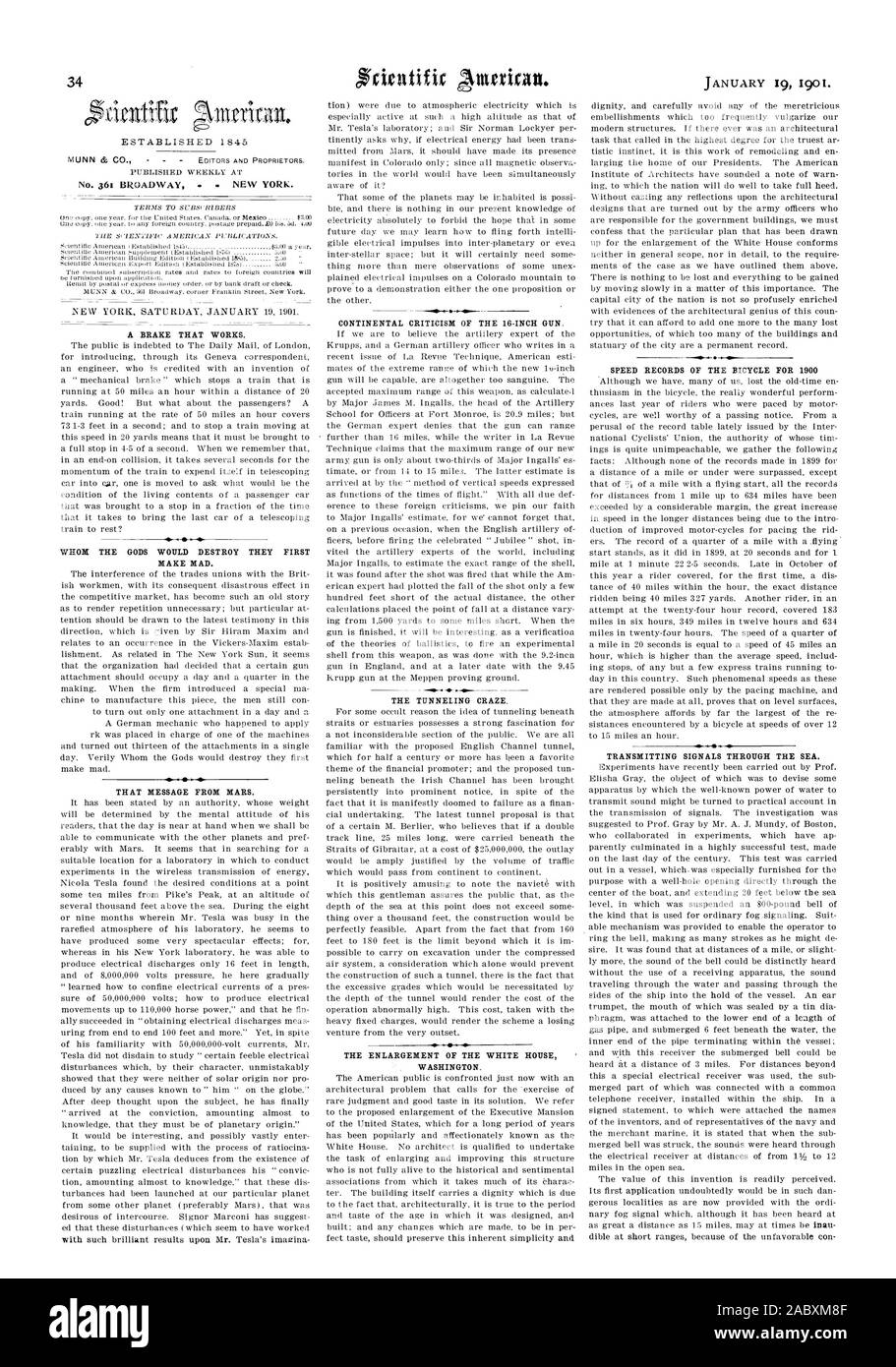 Eine Bremse, die funktioniert. Wen die Götter zerstören WÜRDE SIE ZUERST DIE NACHRICHT VON MARS. CONTINENTAL KRITIK AN DER 16-ZOLL-GUN DAS TUNNELING Verrücktheit. Die Erweiterung des Weißen Hauses in Washington. Geschwindigkeit AUFZEICHNUNGEN ÜBER DAS FAHRRAD FÜR 1900 ÜBERTRAGUNG VON SIGNALEN DURCH DAS MEER., Scientific American, 1901-01-19 Stockfoto