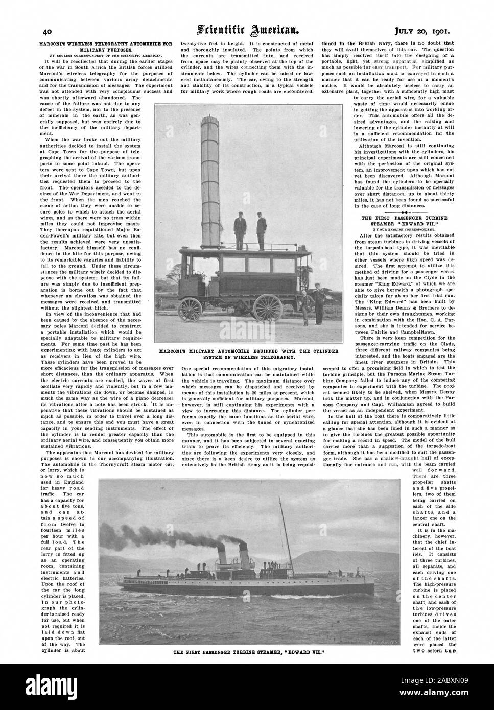 MARCONI'S drahtlose Telegraphie AUTOMOBIL FÜR MILITÄRISCHE ZWECKE. Der erste PKW TURBINE DAMPFGARER' Edward VII." MARCONI'S MILITÄRISCHE AUTOMOBIL AUSGESTATTET MIT DEM ZYLINDER SYSTEM DER DRAHTLOSEN TELEGRAFIE. Der erste PKW TUBBINE DAMPFGARER' Edward VII., Scientific American, 1901-07-20 Stockfoto
