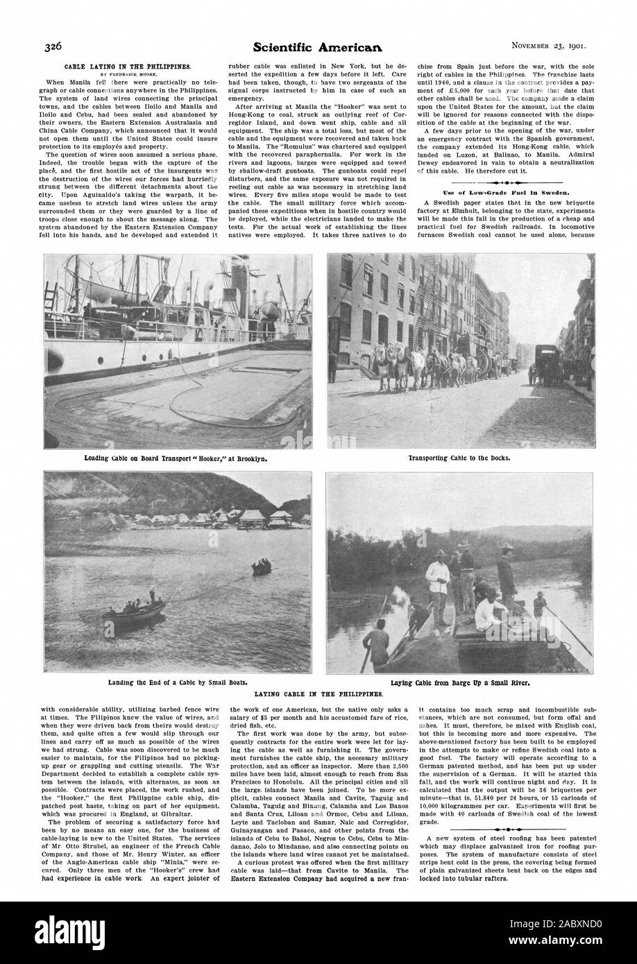 Verlegung IN DEN PHILIPPINEN. Führende Kabel an Bord Transport "Hooker" in Brooklyn. Transport Kabel an den Docks. Kabelverlegung IN DEN PHILIPPINEN. Östliche Erweiterung Unternehmen erworben hatte eine neue Fran in tubular Dachsparren gesperrt., Scientific American, 1901-11-23 Stockfoto
