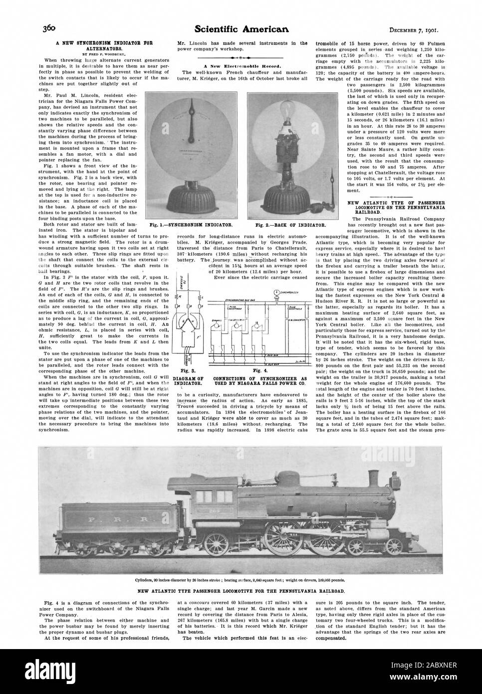 Eine Neue SYNCHRONITÄT INDIKATOR FÜR GENERATOREN. Eine Neue Elertromobile aufzeichnen. Diagramm der Anschlüsse der Synchroneinheit als Indikator. Verwendet von NIAGARA FALLS POWER CO. NEUE ATLANTIC ART DER PERSONENWAGEN auf der Pennsylvania Railroad. Abb. 3. Abb. 4. Abb. 2 BACIC DES INDIKATORS. Neuen ATLANTISCHEN TYP PERSONENWAGEN FÜR DIE PENNSYLVANIA RAILROAD., Scientific American, 1901-12-07 Stockfoto