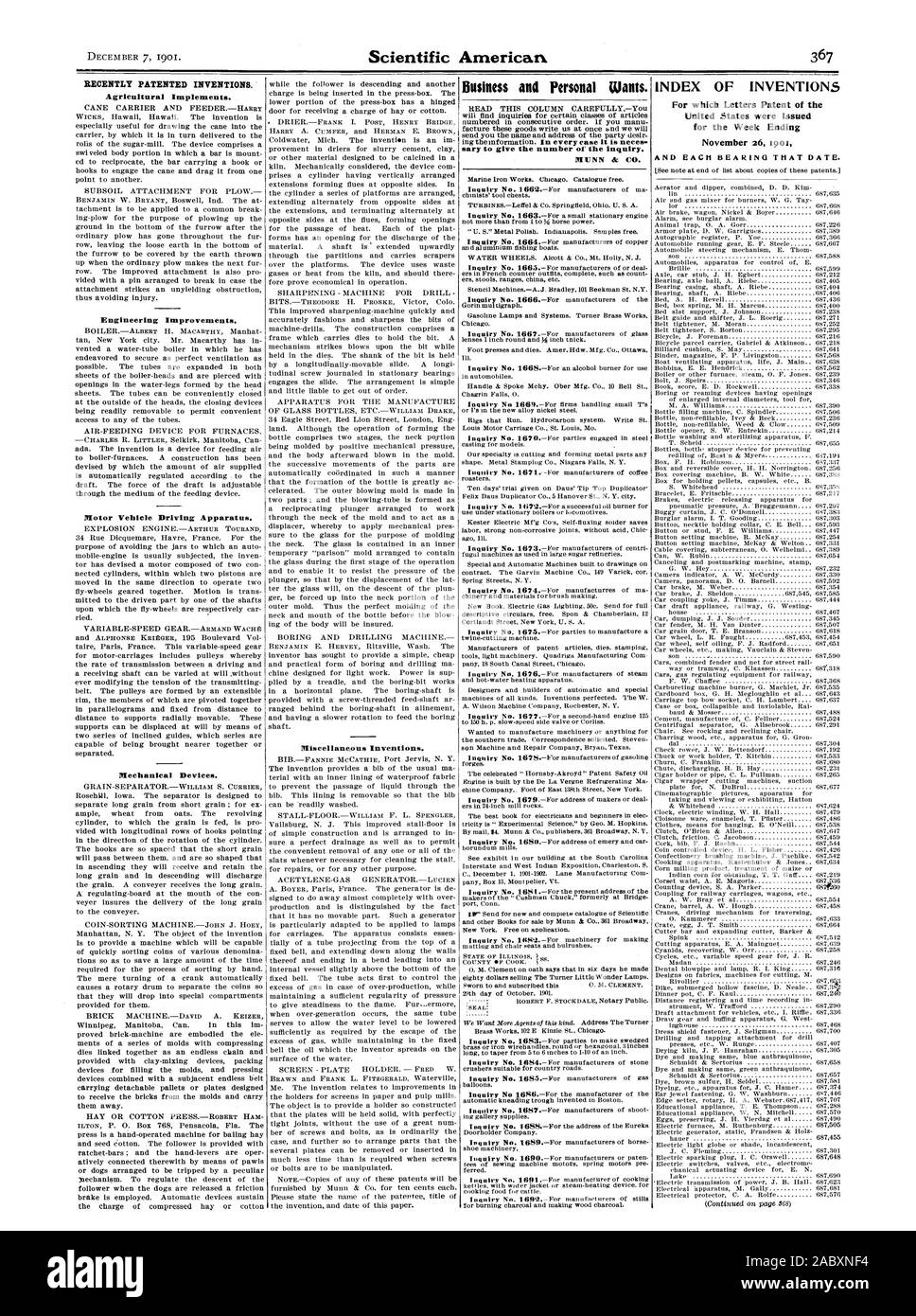 Vor kurzem patentierten Erfindungen. Landwirtschaftliche Geräte. Technische Verbesserungen. Motor während der Fahrt. Mechanische Geräte. Miscellane. ous Erfindungen. sary die Nummer der Anfrage zu geben. MUNN dr.Marine Bügeleisen funktioniert. Chicago. Katalog kostenlos. chinists' Werkzeugkisten. und Aluminium Fischerboote. Wasserräder. Alcott & Co. Mt. Holly NEW JERSEY ers in französischer Sprache Zähler komplette Outfits wie Count ers. Hocker reicht China usw. Schablone Maschinen. - A.J. Bradley 101 Beekman St. N.Y. Gorinmultigraph. Benzin Lampen und Systeme. Turner Messing arbeitet in Chicago. Fuß pressen und stirbt. Amer. Hdw. Mfg. Stockfoto