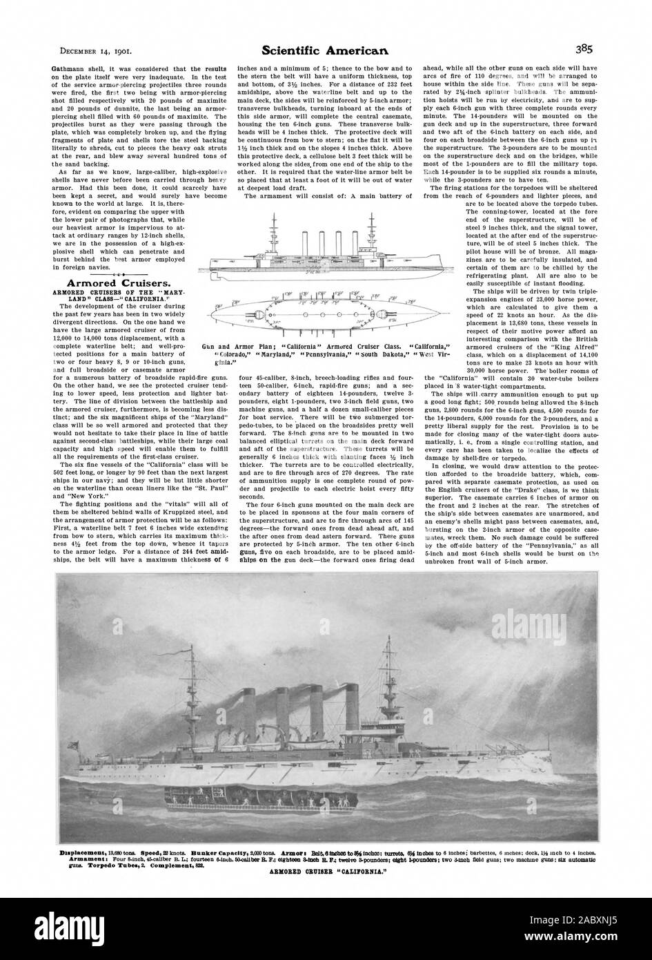 Armored Cruisers. Pistolen. Torpedorohre 2. Ergänzung 822. ARMORED CRUISER' Kalifornien., Scientific American, 1901-12-14 Stockfoto