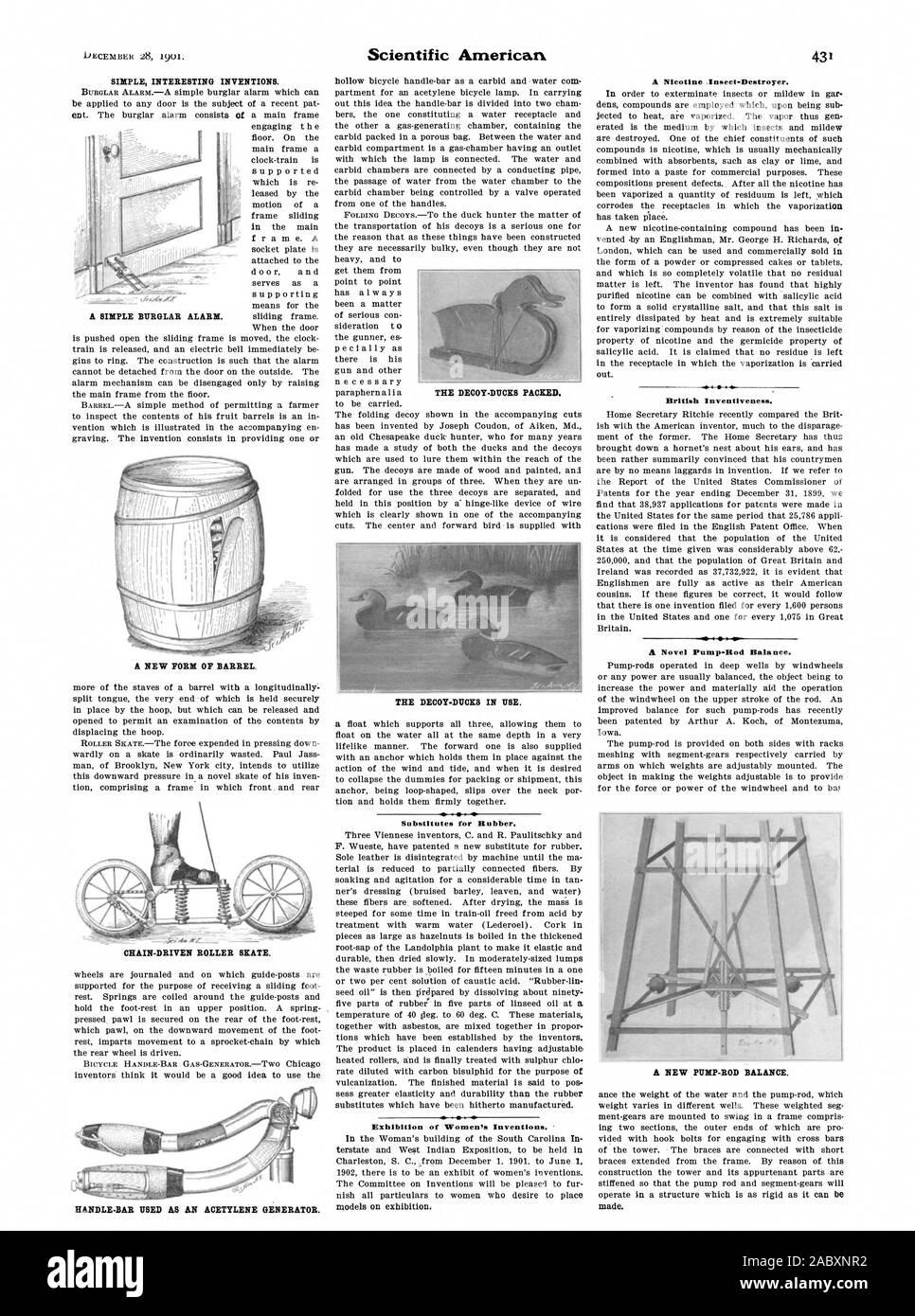 Einfach interessante Erfindungen. Eine NEUE FORM DER BARREL. CHAIN-DRIVEN ROLLER SKATE. cPt HANDLE-BAR ALS ACETYLEN GENERATOR. Die KÖDER - Enten im Einsatz. Ersatz für Gummi. Ausstellung von Erfindungen von Frauen. Ein Nikotin Insect-Destroyer. Britische Erfindungsreichtum. Eine einfache Alarmanlage. Die KÖDER - Enten verpackt., Scientific American, 1901-12-28 Stockfoto