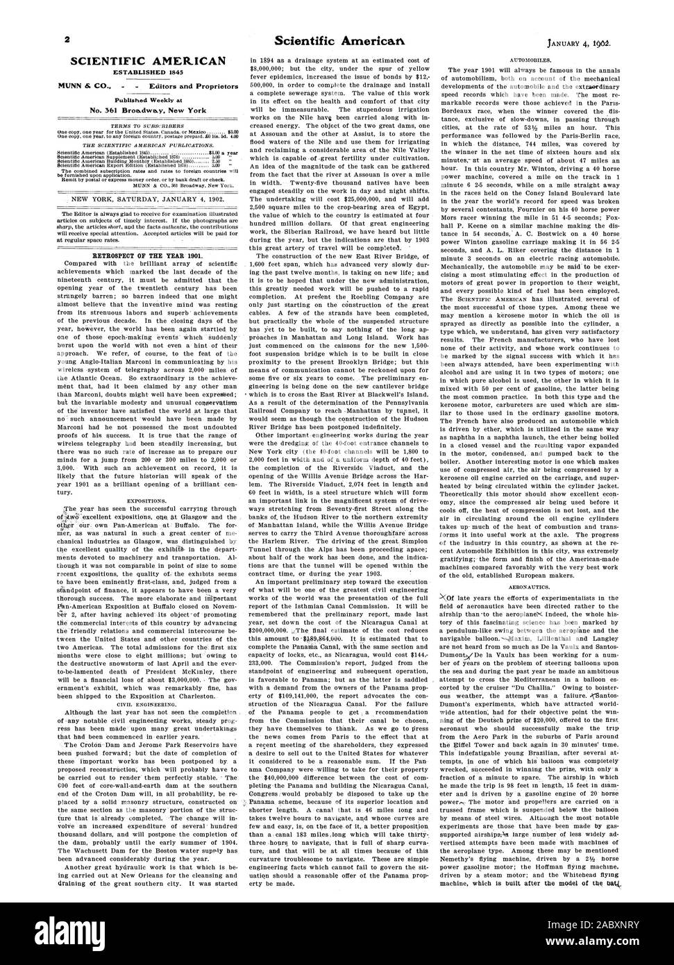 SCIENTIFIC AMERICAN gegründet 1845 MUNN 6. Co - Herausgeber und Eigentümer wöchentlich an Nr. 361 Broa. dwa veröffentlicht. y New York RÜCKBLICK AUF DAS JAHR 1901., 1902-01-04 Stockfoto