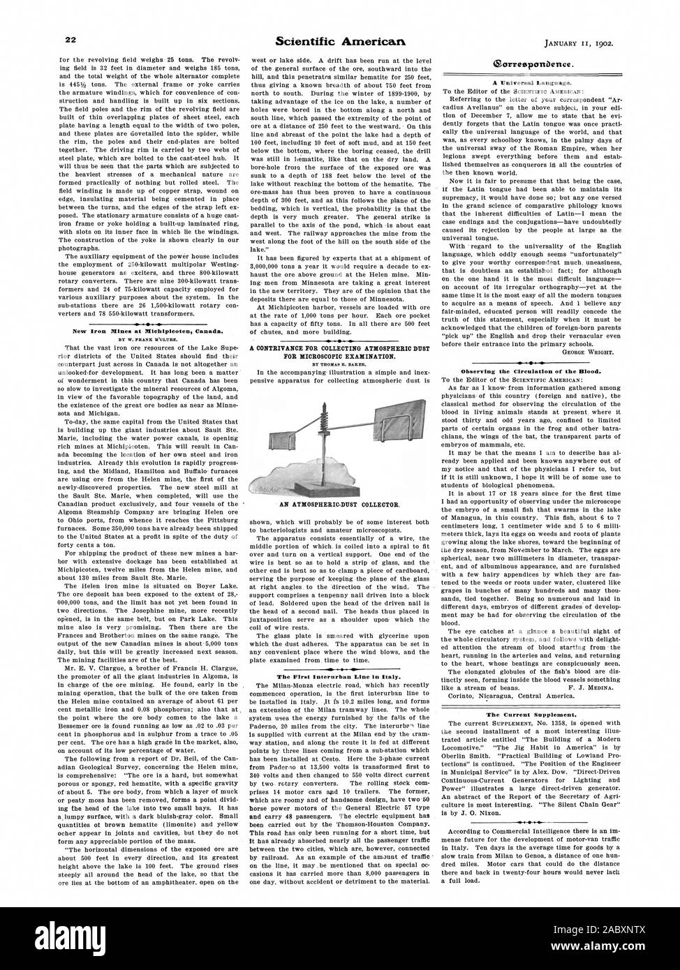 Neue Iron mines Michipicoten Kanada. Eine Vorrichtung zum Sammeln von atmosphärischem Staub für mikroskopische Untersuchungen. Eine atmosphärische - ENTSTAUBUNGSANLAGE. Die erste Interurban Line in Italien. earreespanDence. Eine universelle Sprache. Die Beobachtung der Zirkulation des Blutes. Die aktuelle Ergänzung., Scientific American, 1902-01-11 Stockfoto