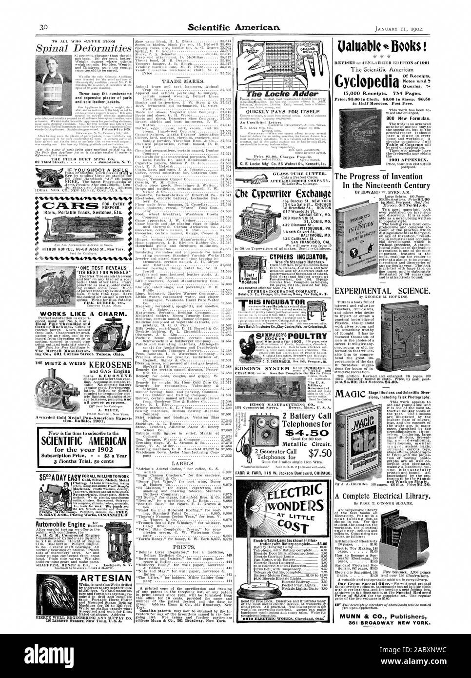 Und GAS Motor alle Macht. Ausgezeichnet mit der Goldmedaille Panamerikanischen Exposi-. Buffal 1901. Artesische Ualttable Bücher! Funktioniert wie ein Charme. SCIENTIFIC AMERICAN für das Jahr 1902 Abonnement Preis $ 3 pro Jahr 3 flonths Versuch also Cent Automobil Motor Busfinress & WIC ONDERS Storage-netzwerke) mit Batterie komplett $ 3,00 elektrische Türklingeln alle Verbindungen 1,00 Elektrische Schlitten Lampe 5,00 NecktieLighta 76 c 3,00 2 Batterie Anruf Telefone für S. 4,50 Gut für 600 Fuß Metallic Schaltung. 2 Generator Call Telefone für 7,50 $ sicher Limousine Inkubator Co Ton Ceni. lrNeb. oder ColumbusO. Seine INKUBATOR die Locke Adder Stockfoto