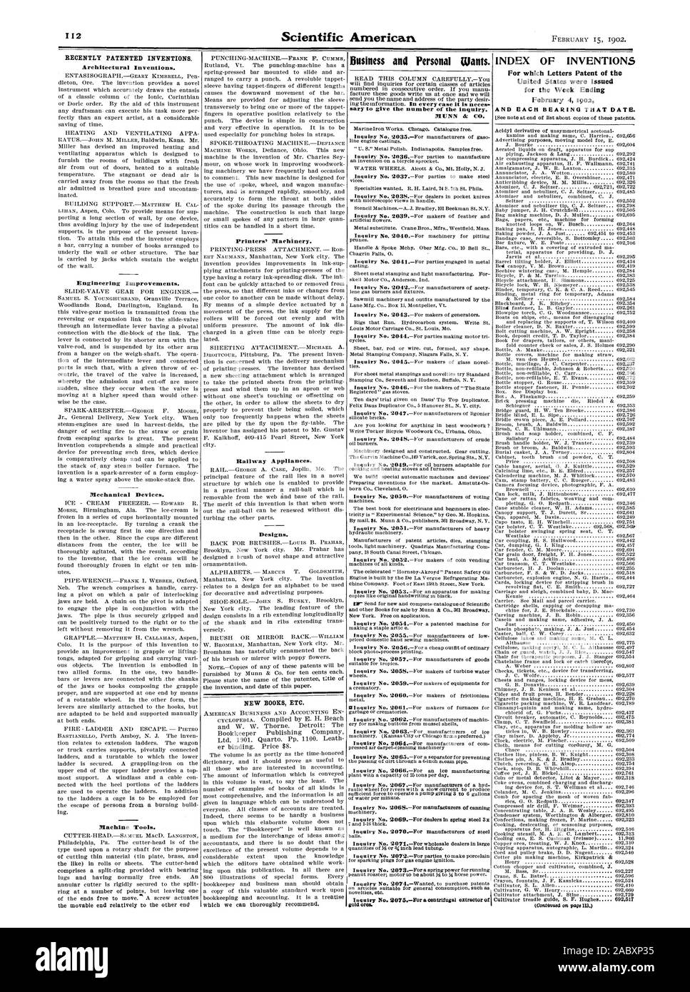 Chine Unternehmen. Fuß von Osten 138 Street New York. Isff - für neue und komplette Katalog der Wissenschaftlichen eine Heftklammer antic e. günstige inländische hand Nähmaschinen. block Foto - Druckverfahren. Räder. Ein krematorium. Metall. Müll oder krematorien. ery für die Tasten von muschelschalen Maschinen. (Kansas City oder Chicago Unternehmen bevorzugt.), Teppich - Reinigung Maschinen raulic Rad für Flüsse mit einem langsam laufenden Wasser pro Minute zu produzieren gedrückt. Maschinen. 7 Und 1-16 dick. Bälle. INDEX VON ERFINDUNGEN, die Vereinigten Staaten waren für die Woche Ende Februar 4 1902 692237 692592 Kaffee ausgegeben Stockfoto