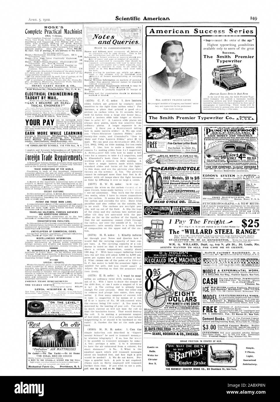 Elektrotechnik per E-Mail unterrichtet. "Kann ICH EIN ELEC ELEKTRISCHE INGENIEUR?" Ihre Zahlen mehr verdienen, während der Außenhandel Anforderungen verdienen' Fahrrad Modelle 1902 $ 9 bis $ 15 5013 zweiter Hand Räder D L HOLDEN El UHT. ----- --.------- E SYNCHRONOGRAPH. - EINE NEUE METH Hinweise und Anfragen. $ 3.00 & experimentelle Arbeiten. Modelle amerikanischer Erfolg der Serie. Verbesserung der Reihenfolge der Zeitalter" Erfolg der Smith Premier Schreibmaschine 4 - 4. Die Smith Premier Schreibmaschine C sw. --, Scientific American, 1902-04-05 Stockfoto