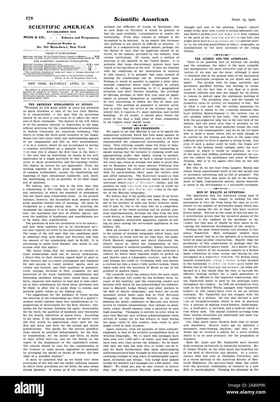 SCIENTIFIC AMERICAN gegründet 1845 wöchentlich an Nr. 361 Broadway New York DIE AMERIKANISCHE STIPENDIEN IN OXFORD veröffentlicht. Ungerecht und kleinlich. Das Luftschiff und Flugzeug. Männer von Reichtum als Erfinder., 1902-04-19 Stockfoto