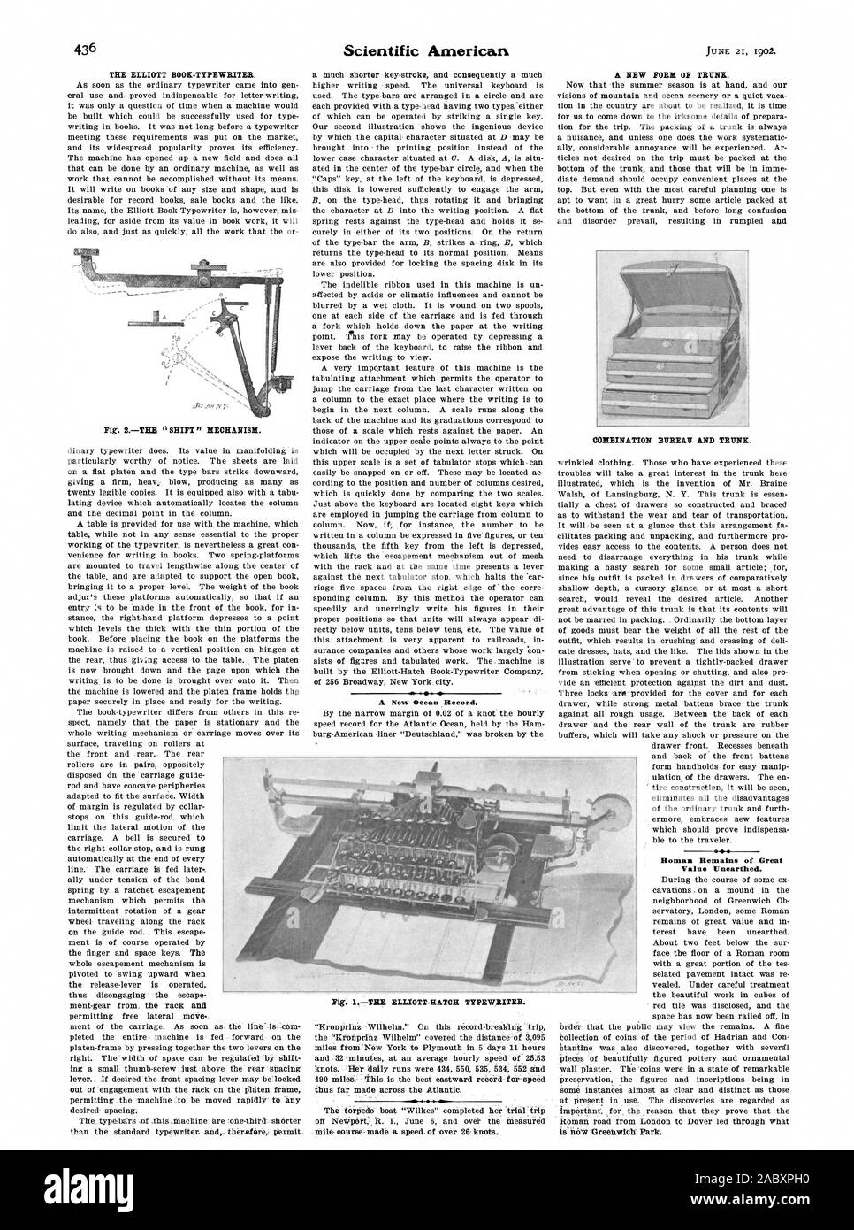 Die ELLIOTT BUCH - Schreibmaschine. Abb. Ider ELLIOTT - Luke Schreibmaschine. So weit über den Atlantik gemacht. Alp Das torpedoboot "Wilkes' abgeschlossen Ihr Versuch Reise weg von Newport: R. I. 6. Juni und über die gemessene Meile Kurs eine Geschwindigkeit von über 26 Knoten. Eine neue OP-Leitung. Kombination Büro und Kofferraum. Die römischen Überreste von großem Wert ausgegraben. ist wie Greenwich Park.  , Scientific American, 1902-06-21 Stockfoto