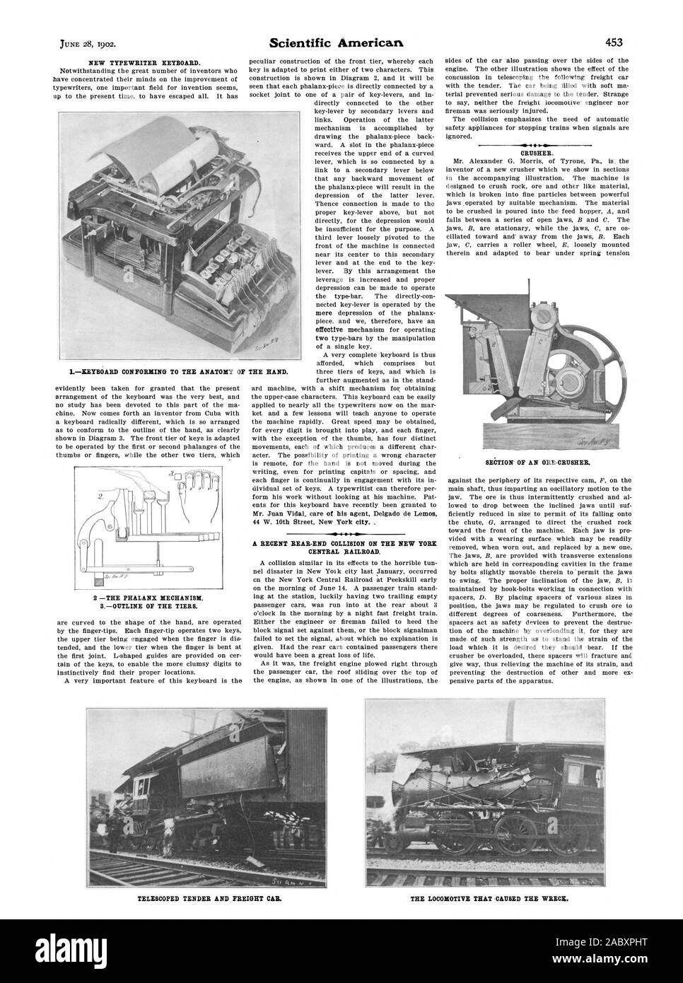 Neue SCHREIBMASCHINENTASTATUR. 2 - Die PHALANX MECHANISMUS. 3 GLIEDERUNG DES TIERS. Herr Juan Vidal seine Agenten Delgado de Lemos EINEN AUFFAHRUNFALL AUF DER NEW YORK Central Railroad. Brecher. Abschnitt EINER ERZ-Brecher. 1 TASTATUR ENTSPRECHEND DER ANATOMIE DER HAND. Teleskopierbar AUSSCHREIBUNG UND GÜTERWAGEN., Scientific American, 1902-06-28 Stockfoto