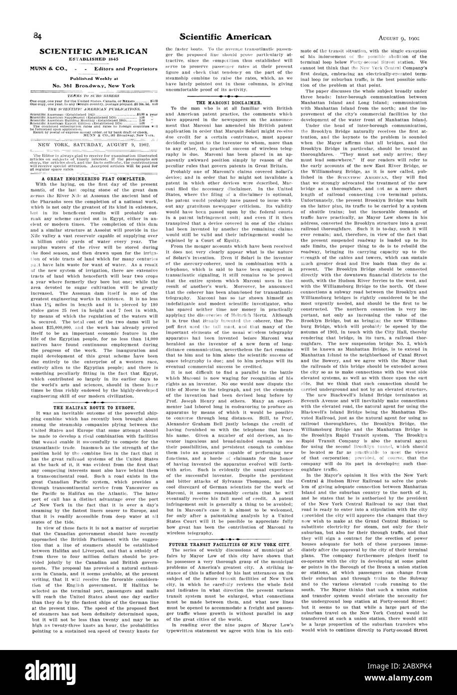 SCIENTIFIC AMERICAN gegründet 1845 wöchentlich zu einem großartigen INGENIEURSLEISTUNG Veröffentlicht abgeschlossen. Die Halifax nach Europa. Die MARCONI HAFTUNGSAUSSCHLUSS. Zukunft TRANSITERLEICHTERUNGEN VON NEW YORK CITY., 1902-08-09 Stockfoto