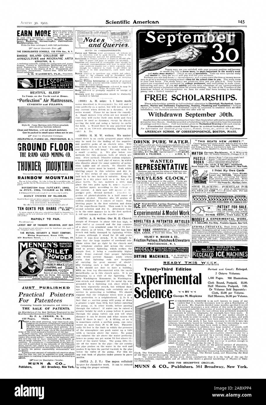 Sonnenbrand veröffentlichte GERADE DEN VERKAUF VON PATENTEN. Patent. Verlage 361 Broadway New York. Die konsolidierte Schulen 156 Fifth Ave N.Y. Rhode-island HOCHSCHULE FÜR LANDWIRTSCHAFT UND MECHANISCHEN KÜNSTE erholsamen Schlaf 'Perfektion' Luft Matratzen sauber und geruchlos nicht Feuchtigkeit aufnehmen. Können in den kleinen Raum zusammengepackt werden, wenn sie nicht in Verwendung ist. Erdgeschoss Mt RAND GOLD MINING (0. Verdienen M Hinweis s und Abfragen von September freie Stipendien. Zurückgezogen am 30. September. Amerikanische SCHULE DER KORRESPONDENZ BOSTON MASS. SNEDEKER & POLHEMUS. NYACK N.Y., reines Wasser trinken." wollten Vertreter "KEYLESS-Clock' Experimentelle & Modell Stockfoto