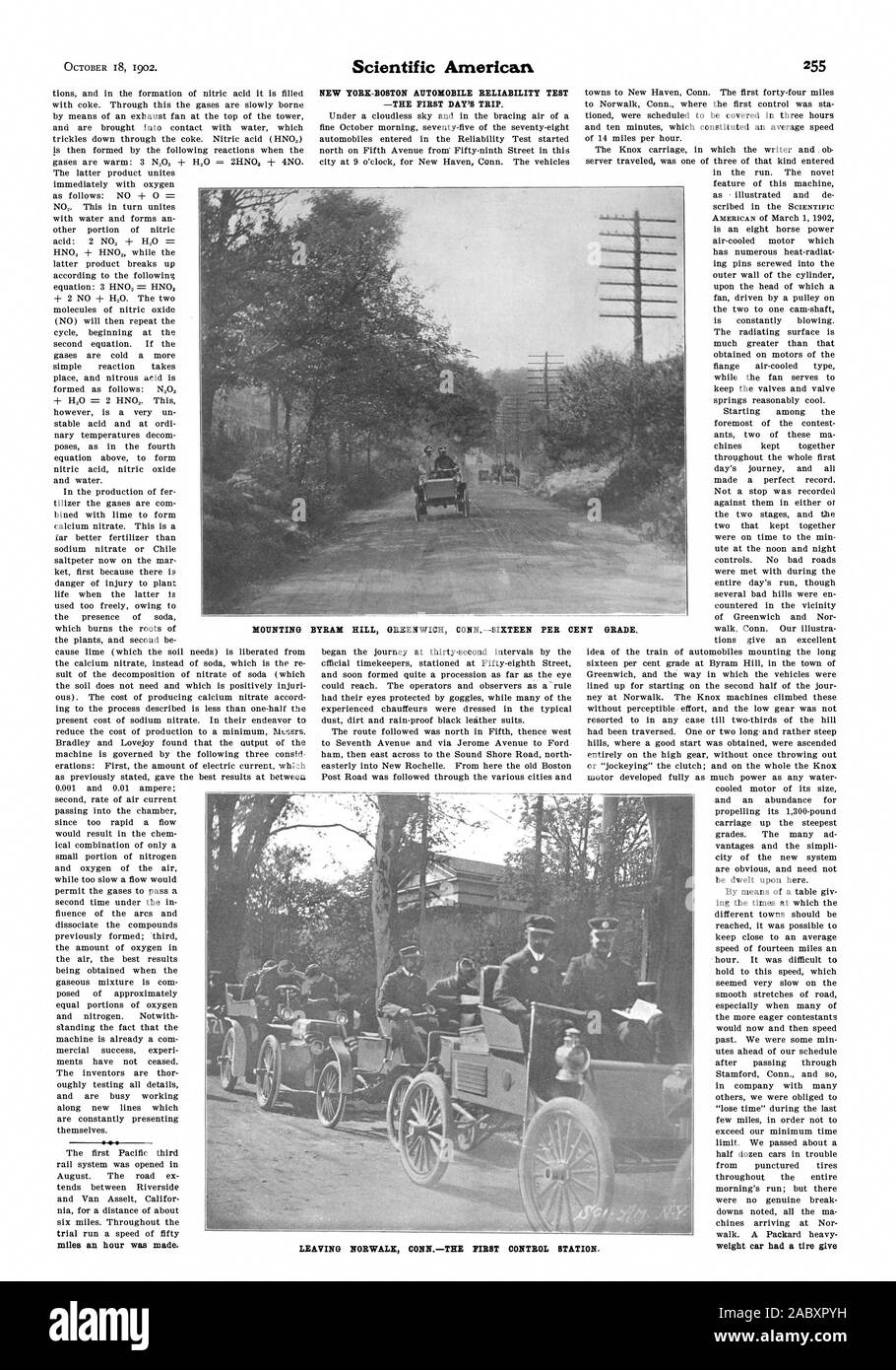 Meilen pro Stunde gemacht wurde. NEW YORK - BOSTON AUTOMOBIL ZUVERLÄSSIGKEIT TEST - DER ERSTE TAG REISE. Montage BYRABI HILL GREENWICH CONNSIXTEEN PROZENT KLASSE. Verlassen NORWALK CONNTHE ERSTEN CONTROL STATION., Scientific American, 1902-10-18 Stockfoto