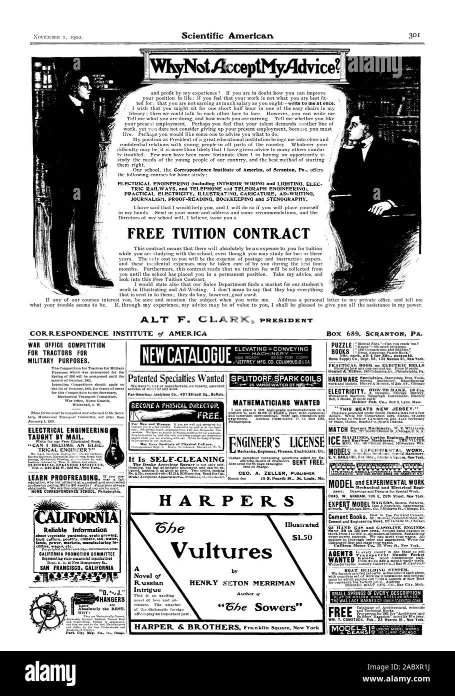 Krieg BÜRO WETTBEWERB FÜR TRAKTOREN FÜR MILITÄRISCHE ZWECKE. Elektrotechnik per E-Mail unterrichtet. "Kann ICH EIN ELEC ELEKTRISCHE INGENIEUR?' HOME KORRESPONDENZ SCHOOL Philadelphia. Zuverlässige Informationen Obst Kultur Geflügel Klima Boden Wasser KALIFORNIEN PROMOTION COMMITTEE SAN FRANCISCO. Kalifornien MATHEMATIKER WOLLTE BÜCHER ' Lirlle 0 aCtoliumnedriicumsittunzdziReigodoleir: WM. T. COMSTOCK. Pub. 23 Warren St. New York. Panamerikanischen Acetylen Co 491 Ellicott Sq. Büffel. Kostenlos. Es ist SELBSTREINIGEND CEO. A. ZELLER VERLAG NGINEER'S LICENSE & experimentelle Arbeiten. Modelle EXPERTE MODELL TYP RÄDER Stockfoto