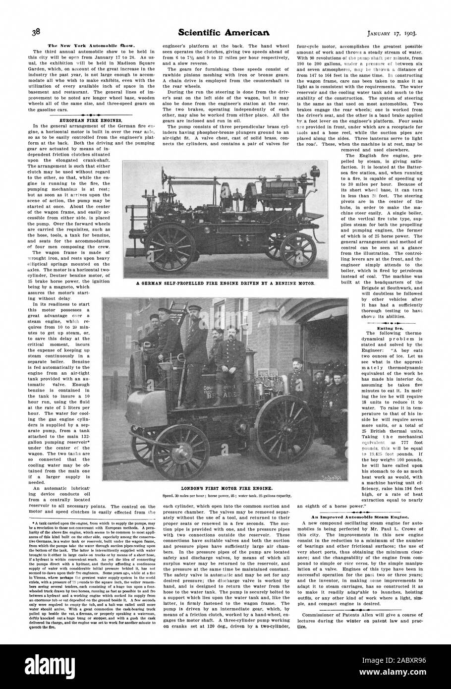 Der New York Automobile ghow. Europäische FEUERWEHRFAHRZEUGE. LONDON'S ERSTEN MOTOR FIRE ENGINE. Essen Eis. Eine verbesserte Automobil Dampfmaschine., Scientific American, 1903-01-17 Stockfoto