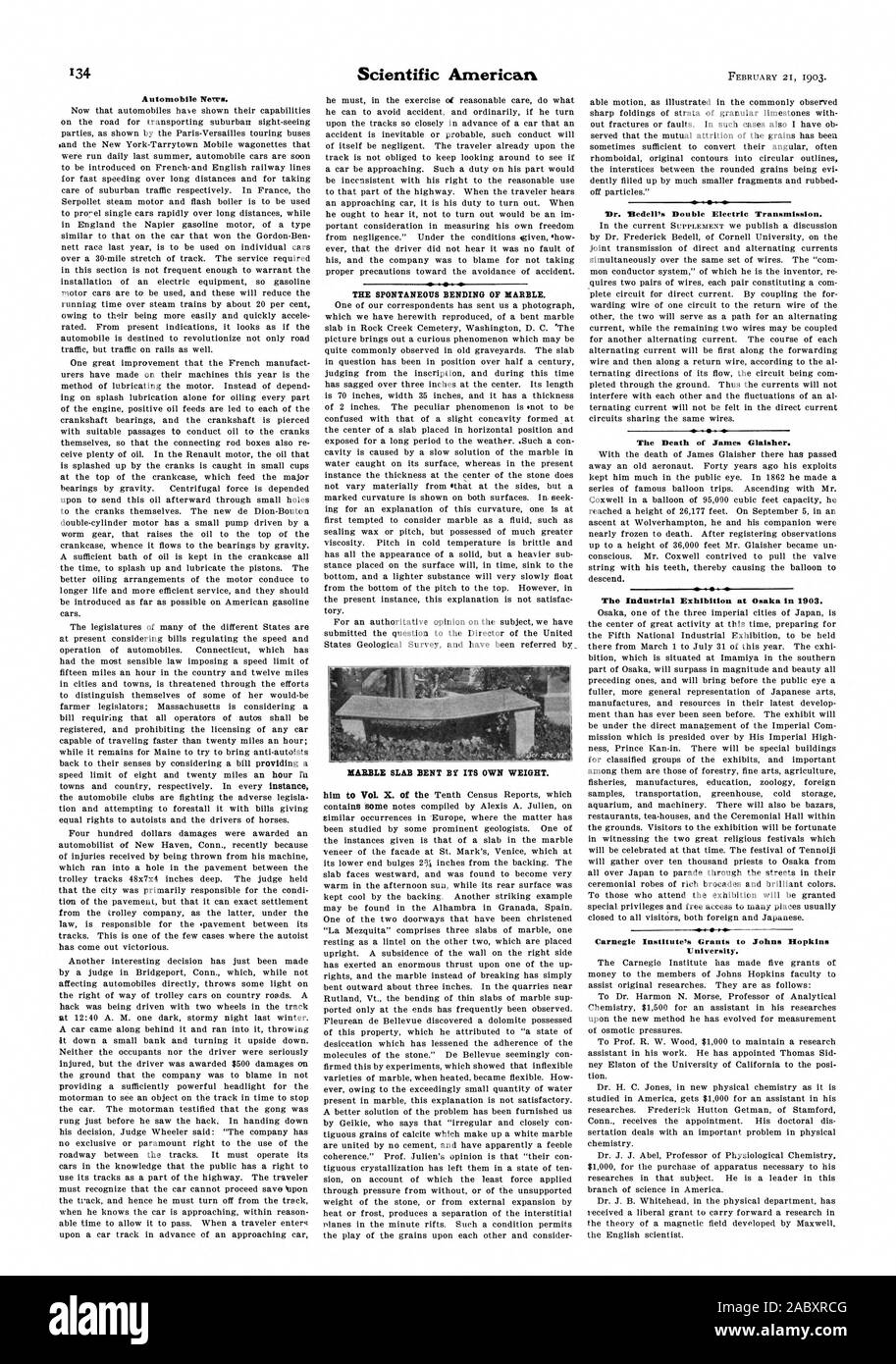 Automobil Molche. Die spontane Biegen von Marmor. Marmorplatte verbogen durch ihr eigenes Gewicht. Dr. edell elektrische Übertragung. Der Tod von James Glaisher. Carnegie Institute Zuschüsse an der Johns Hopkins University., Scientific American, 1903-02-21 Stockfoto
