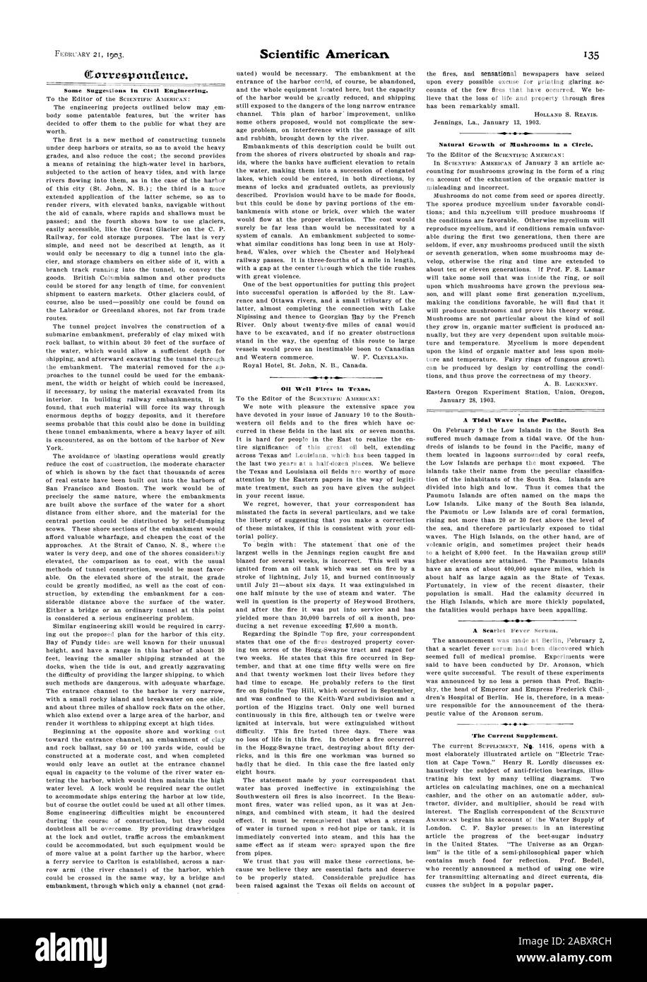 Einige Vorschläge im Tiefbau. 0 Auch Brände in Texas. Das natürliche Wachstum von Pilzen in einem Kreis. Eine Flutwelle im Pazifik. Ein Scharlach Serum. "Vie Aktuelle ergänzen., Scientific American, 1903-02-21 Stockfoto