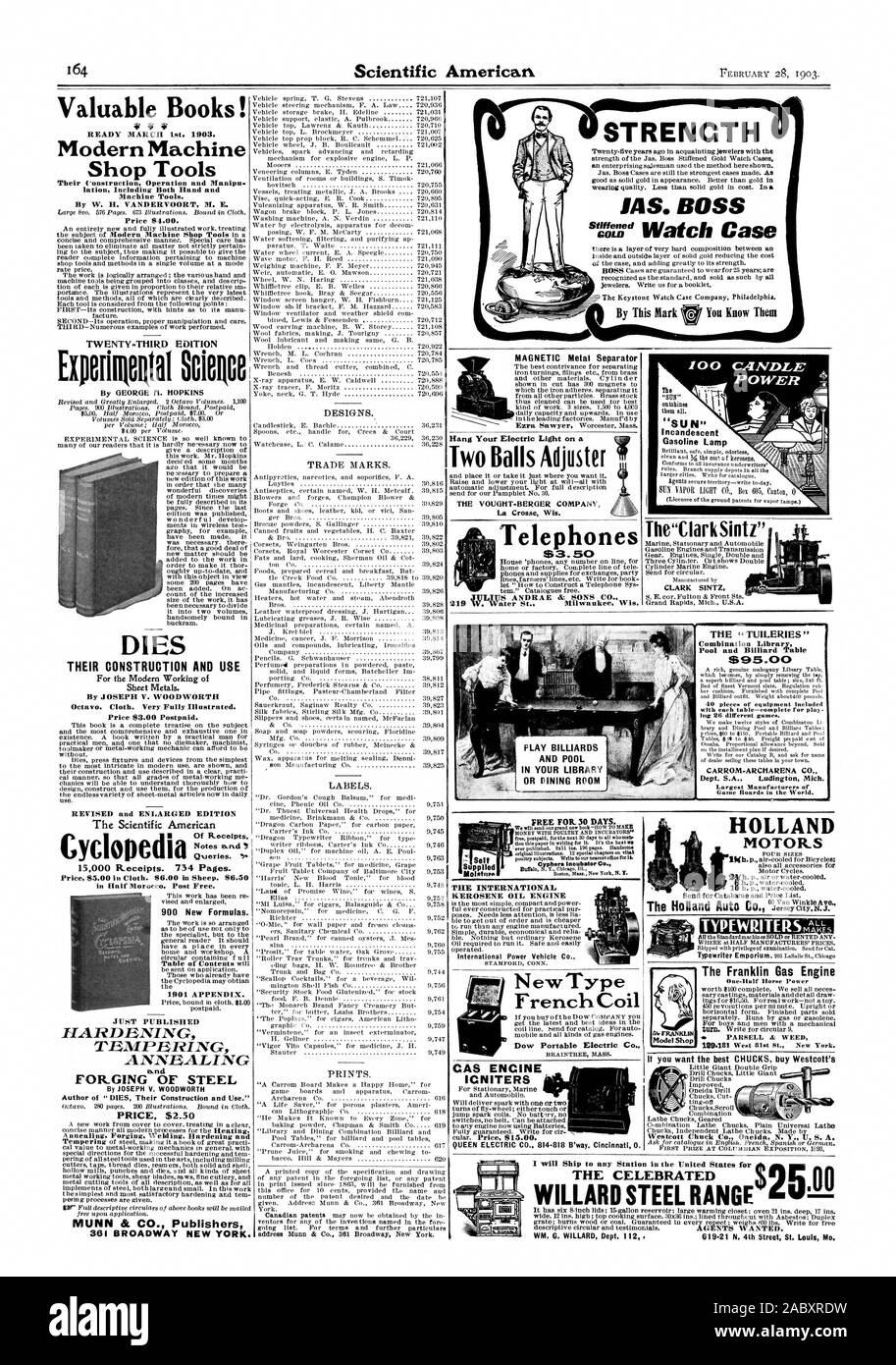 Wertvolle Bücher! 3 3 moderne Maschine lation einschließlich Hand- und von W. H. VANDERVOORT M. E. 20 - DRITTE AUSGABE Experogsai Wissenschaft von George fl. HOPKINS STIRBT IHR BAU UND NUTZUNG DER für die moderne Bearbeitung von Blechen. H Octavo. Tuch. Sehr voll dargestellt. Überarbeitete und erweiterte Ausgabe des Scientific American von Quittungen QIJeries. 15000 Einnahmen. 734 Seiten. Preis 5,00 $ im Tuch. 6,00 $ bei Schafen. $ 6,50 in Marokko. Post kostenlos. Gerade veröffentlichten Härten vergüten Glühen und das Schmieden von Stahl Preis 2,50 $ 361 BROADWAY NEW YORK. DESIGNS. Marken. Druckt. Telefone 219 W. Wasser St Stockfoto