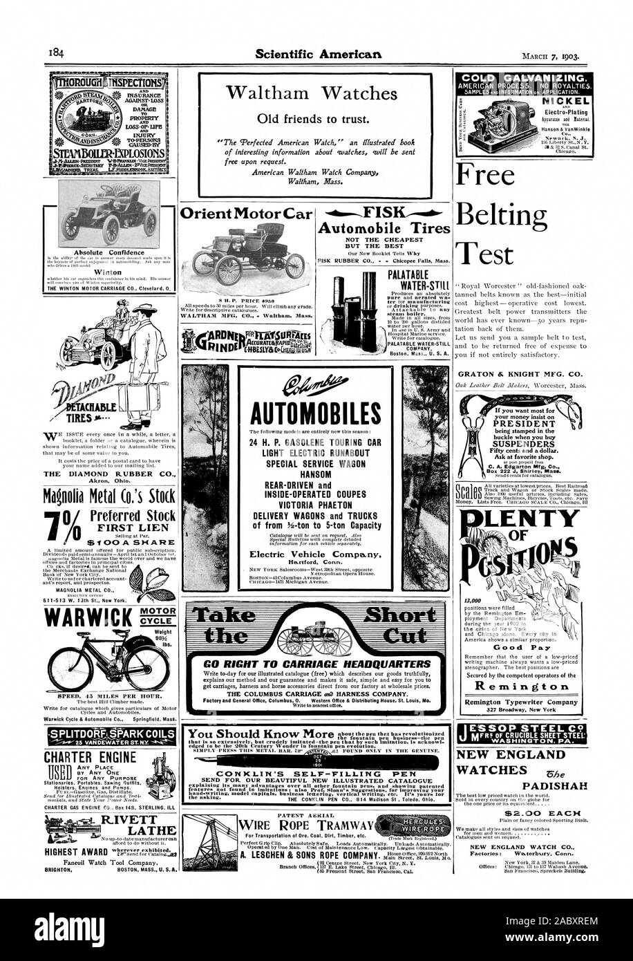 Gegen. LOSS DAMAGE T EIGENSCHAFT UND VERLUST.. IIPE CAUSEDBY SITAMBOIIIIITIKOSIONS BAEUME. L. F. MtDooistRooK. Ass 7. 70 4 das absolute Vertrauen Winton WINTON MOTOR CARRIAGE CO. Cleyelard 0 40 logT 1'010'. Orient Auto Automobil Reifen kalt verzinken. NICKEL UND Electra-Plating der Co Kostenlose Belting Test Akron Ohio. Vorzugsaktien 0 ersten Pfandrecht 00 EINEN ANTEIL MAGNOLIA METAL CO-EXECUTIVE OFFICE': 5-513 W. 13 St. New York. CHARTER MOTOR VON JEDEM FÜR JEDEN ZWECK Stationaries. Tragbare Geräte. Sägen Outfits WALTHAM MFG. Co Waltham Mass GRATON & RITTER MFG. Co. IESSOP STAHL C9 NEW ENGLAND UHREN Stockfoto