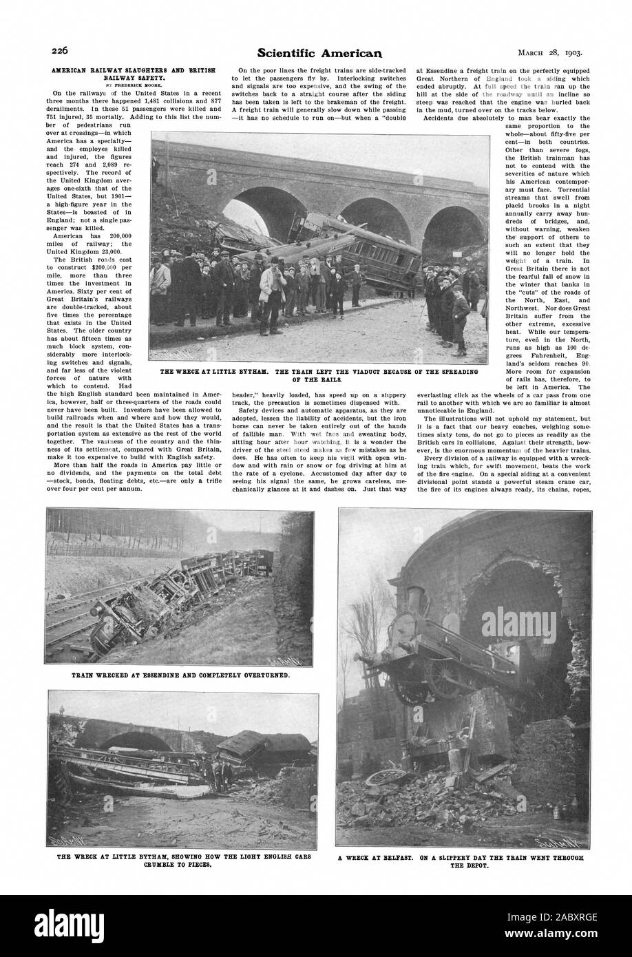 AMERICAN RAILWAY SCHLACHTET UND BRITISH RAILWAY SAFETY. Das Wrack an LITT LE BYTHABI. Der Zug das Viadukt WEGEN DER VERBREITUNG DER SCHIENEN. Bilden ruinierte an ESSENDINE UND KOMPLETT umgeworfen. Das Wrack an Little Bytham ZEIGT, WIE DAS LICHT englische Autos ein Wrack in Belfast. Auf einer rutschigen TAG DER ZUG GING DURCH BRÖCKELN in Stücke. Das Depot., Scientific American, 1903-03-28 Stockfoto