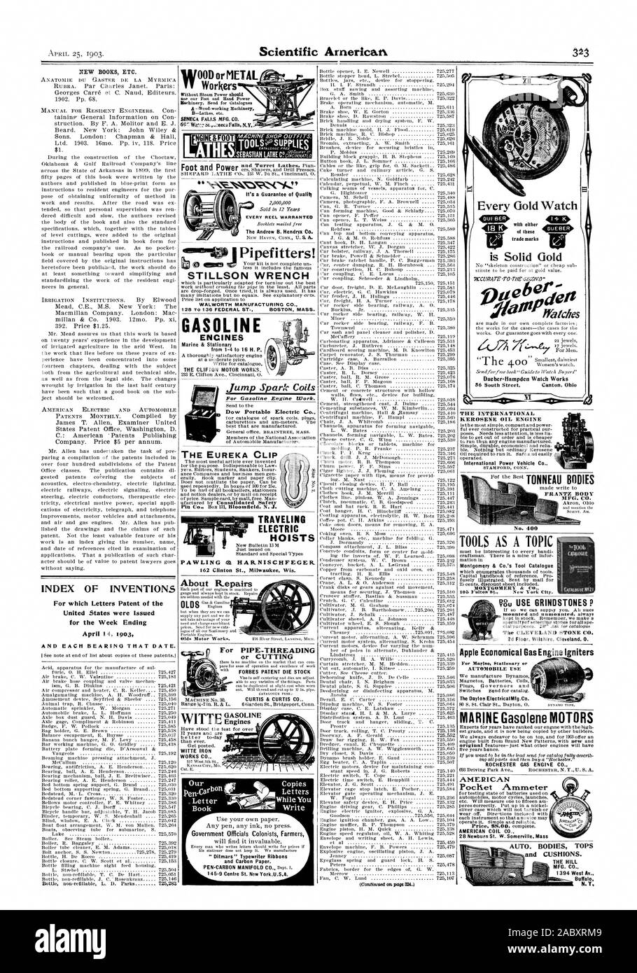 INDEX DER ERFINDUNGEN, für die Patentschriften der Vereinigten Staaten für die Woche bis zum 14. April 1903 Arbeitnehmer Unsere Lassen ter Buch Regierungsbeamte Kolonisten Bauern Motoren WITTE IRON WORKS CO. Für Rohrleitung ausgestellt wurden Hyper-threading oder Schneiden CURTIS & CURTIS C DIE EUREKA-CLIP 9 über Reparaturen BENZINMOTOREN von 1-4 zu 16 H. S. DIE CLIFTON MOTOR FUNKTIONIERT. Springen Funken Spulen für Benzin Motor arbeiten. Dow Portable Electric Co. STILLSON SCHLÜSSEL WALWORTN MANUFACTURING CO. Jede Rolle gerechtfertigt Die Andrew B. Hendrix Co SENECA FALLS MFG. Co.SEBASTIAN DREHMASCHINE C? gieltgri REISEN ELEKTROZÜGE 162 Clinton St Stockfoto