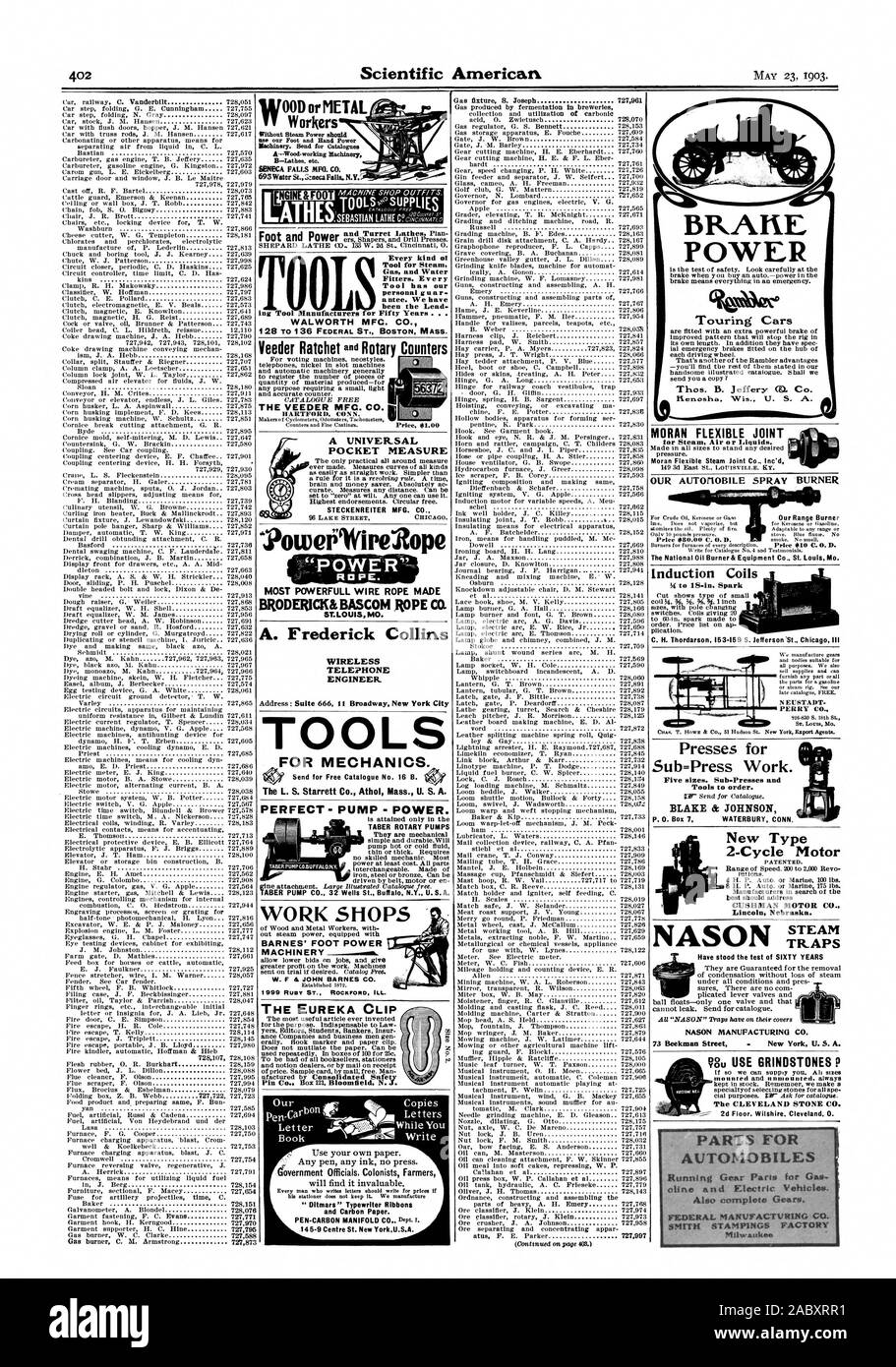 Gasbrenner C. M. Armstrong 727873 Jedes hind Ni-Tool für Dampf Gas- und Wasser Installateure. Jedes Werkzeug hat unsere Persönliche guar. Ein ntee. Wir haben die Führung. WALWORTH MFC. Co.128 T01 36 FEDERAL ST. BOSTON, Mass. Eine universelle Tasche messen "t 1 loweeWire 2 ope Die meisten POVIERFULL DRAHTSEIL GEMACHT BRODERICK & BASCOM SEIL CO.ST. LOUIS MO. A. Frederick Collins drahtlose Telefon ingenieur Adresse: Suite 666 II Broadway New York City WERKZEUGE FÜR MECHANIK. TABER DREHKOLBENPUMPEN Sie mechanische TABER PUMPE CO 32 Brunnen St. Buffal N.Y. USA Tourenwagen Kenosha Wis US A. Die nationalen Öl Brenner & Co St Stockfoto