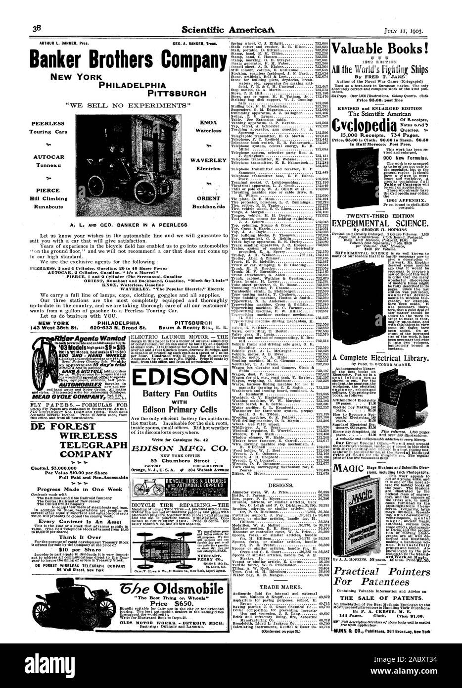 Telegrafen Firma Kapital. $ 3.000.000 Stückaktien 10,00 $ pro Aktie Fortschritte in einer Woche Jeder Vertrag ist von Vorteil, dass es über DE FOREST Wireless Telegraph Company 86 Wall Street New York BDISON MPG. Co.83 Cha. Mbers Straße Fahrrad Reifen & VERBRAUCHSMATERIALIEN MARKEN. Experimentelle Wissenschaft. ard Arbeiten an Magie. Praktische Hinweise für die Patentinhaber DEN VERKAUF VON PATENTEN. Buh 2ND-HAND RÄDER wertvolle Bücher! 4 ir 4 IR 1902 EDITION Alle der Welt kämpfen Schiffe von FRED T. JANE Preis 85,00 Post überarbeitete und erweiterte Ausgabe des Scientific American CVCIODedia ts; in der Hälfte Marokko. Post kostenlos. 900 neue Formeln Stockfoto