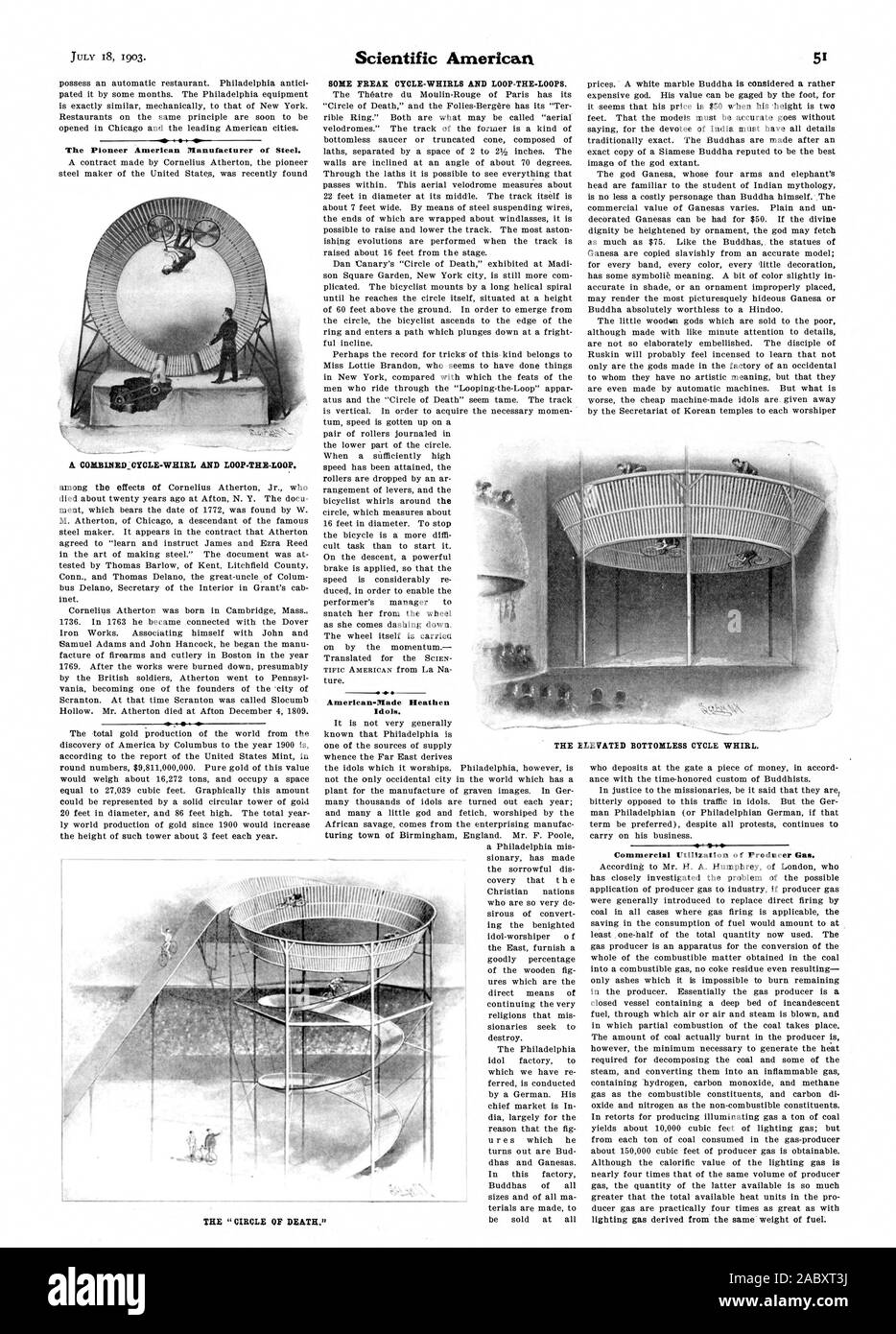 Der "KREIS DER TOD." Der Pionier der amerikanischen Hersteller von Stahl. Eine COMEINED CYCLE - Whirl- und LOOP-THE-LOOP. Einige FREAK ZYKLUS - wirbelt und Loopings. American-Made heidnischen Götzen. Kommerzielle Nutzung der Produzent Gas. luittoios 8 DIE ERHÖHTEN BODENLOSEN ZYKLUS WIRBEL., Scientific American, 1903-07-18 Stockfoto